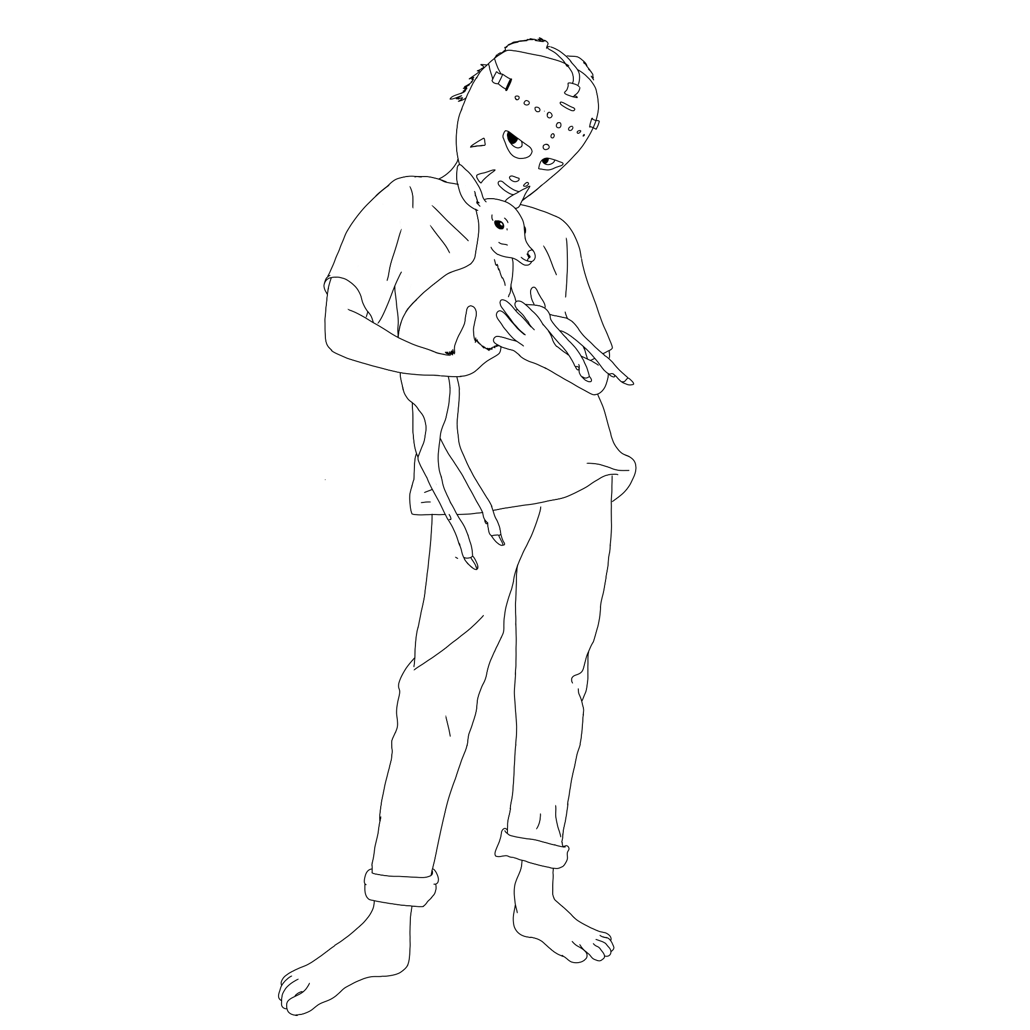 Child standing barefoot, holding a book, smiling, wearing a shirt and pants, with one hand on chest, in a simple line drawing.