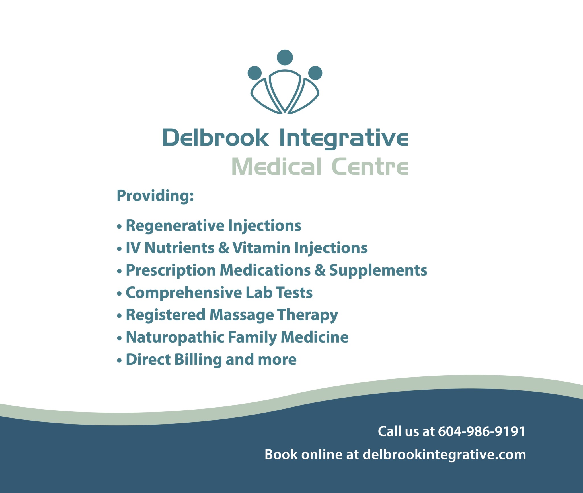 Logo and text for Delbrook Integrative Medical Centre listing services like injections, lab tests, and therapy. Contact info included.