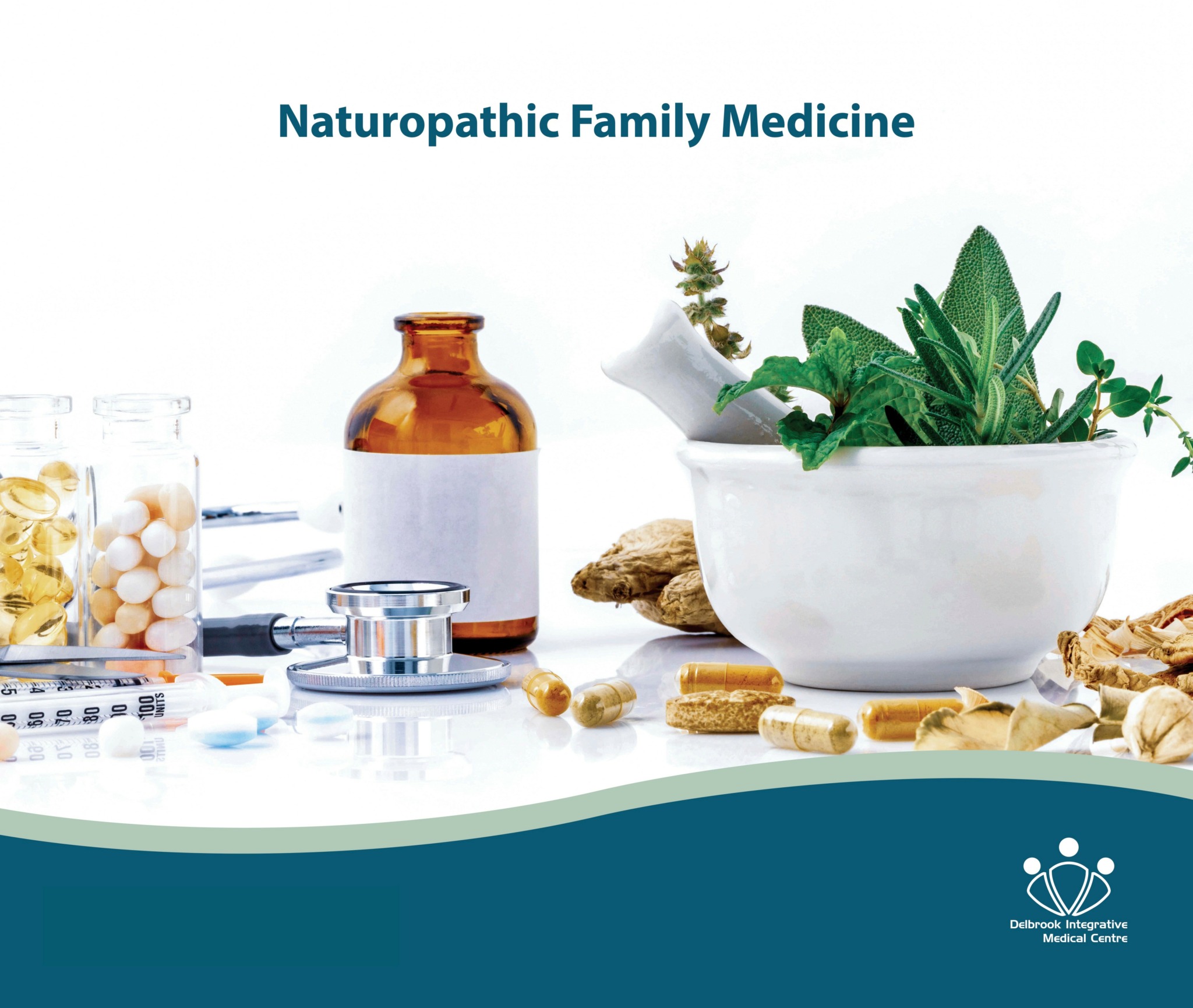 Cover of a book titled 'Naturopathic Family Medicine' with herbal plants, medicine bottles, and supplements on a white background.
