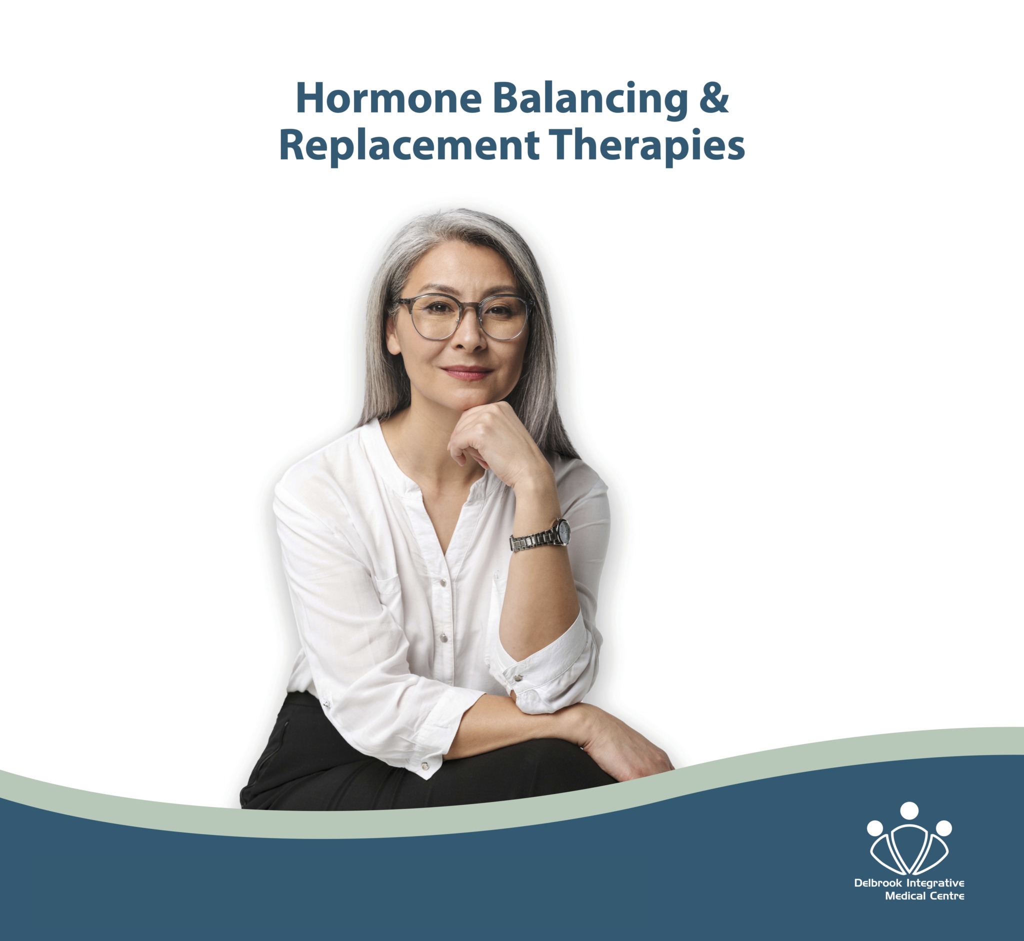 A woman with glasses and gray hair, smiling, wearing a white shirt, sitting with her hand on her chin, on a medical brochure cover.