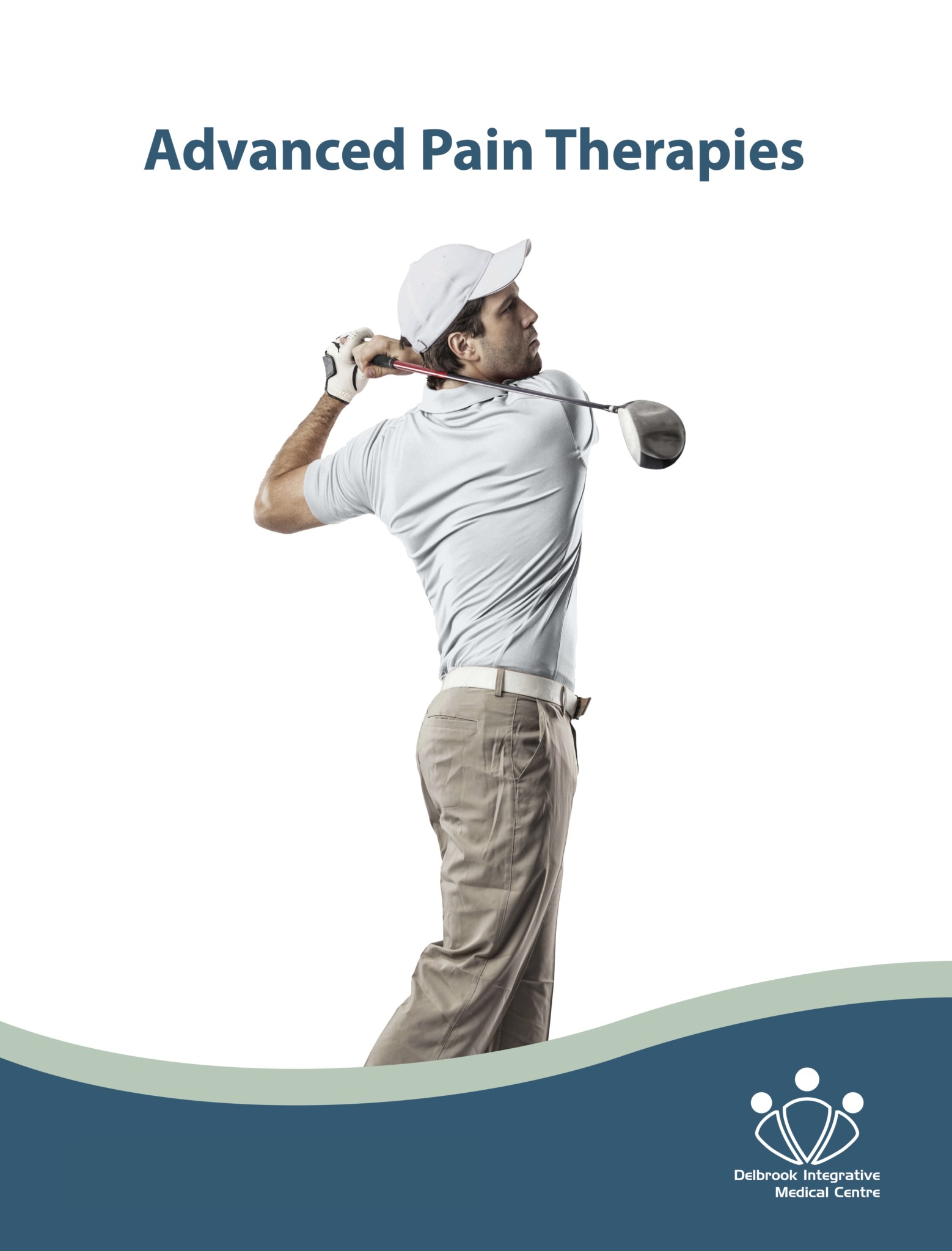 A man in golf attire swings a golf club against a white background with a blue and green wave design at the bottom. Text reads 'Advanced Pain Therapies'.
