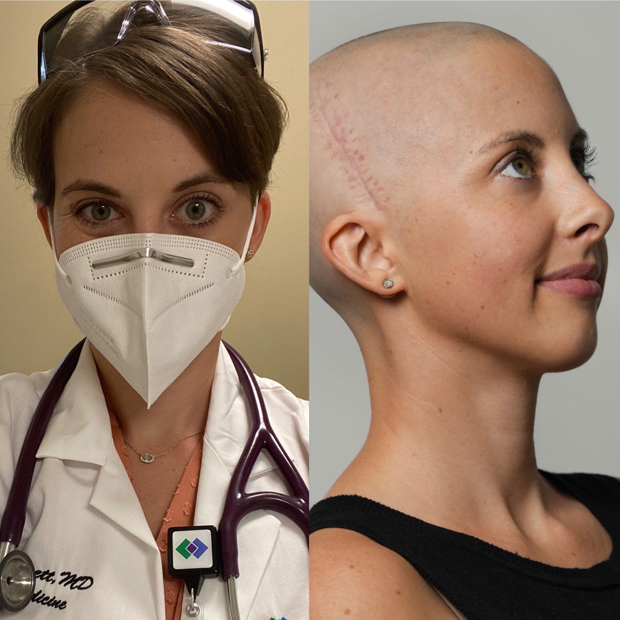 A woman with a shaved head and a slight smile, wearing a black top, facing right. Person with a mask and stethoscope, facing forward. Alt text word count: 20, confidence: 0.9