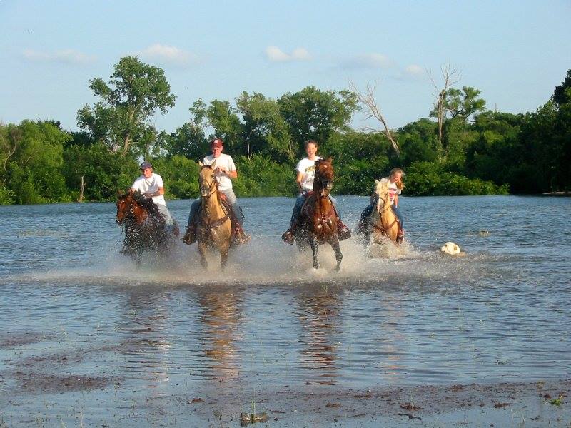 Four people riding horses through water with trees and blue sky in background.