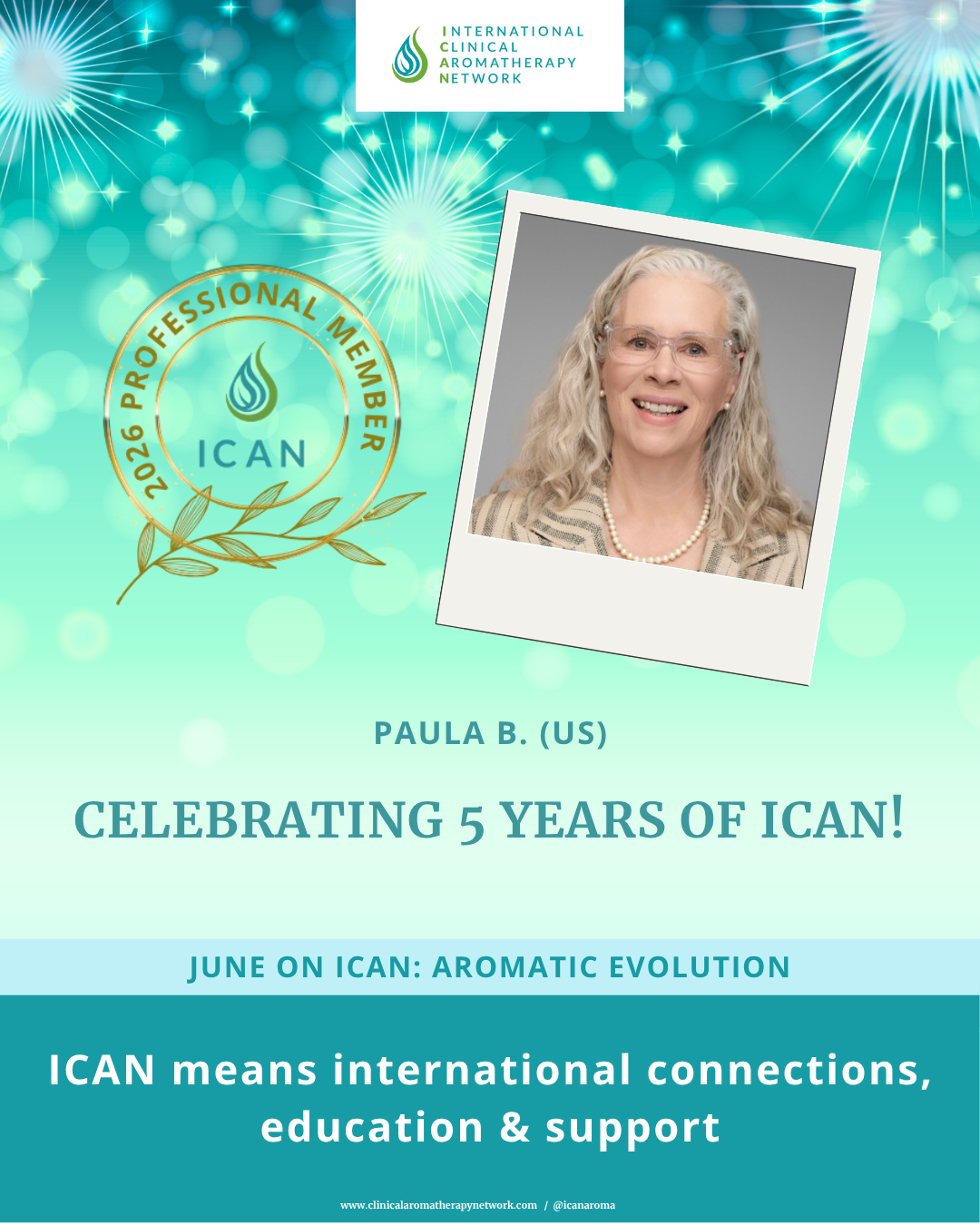 Celebrating five years of ICAN with a smiling woman, ICAN logo, and blue background with fireworks, June event details.