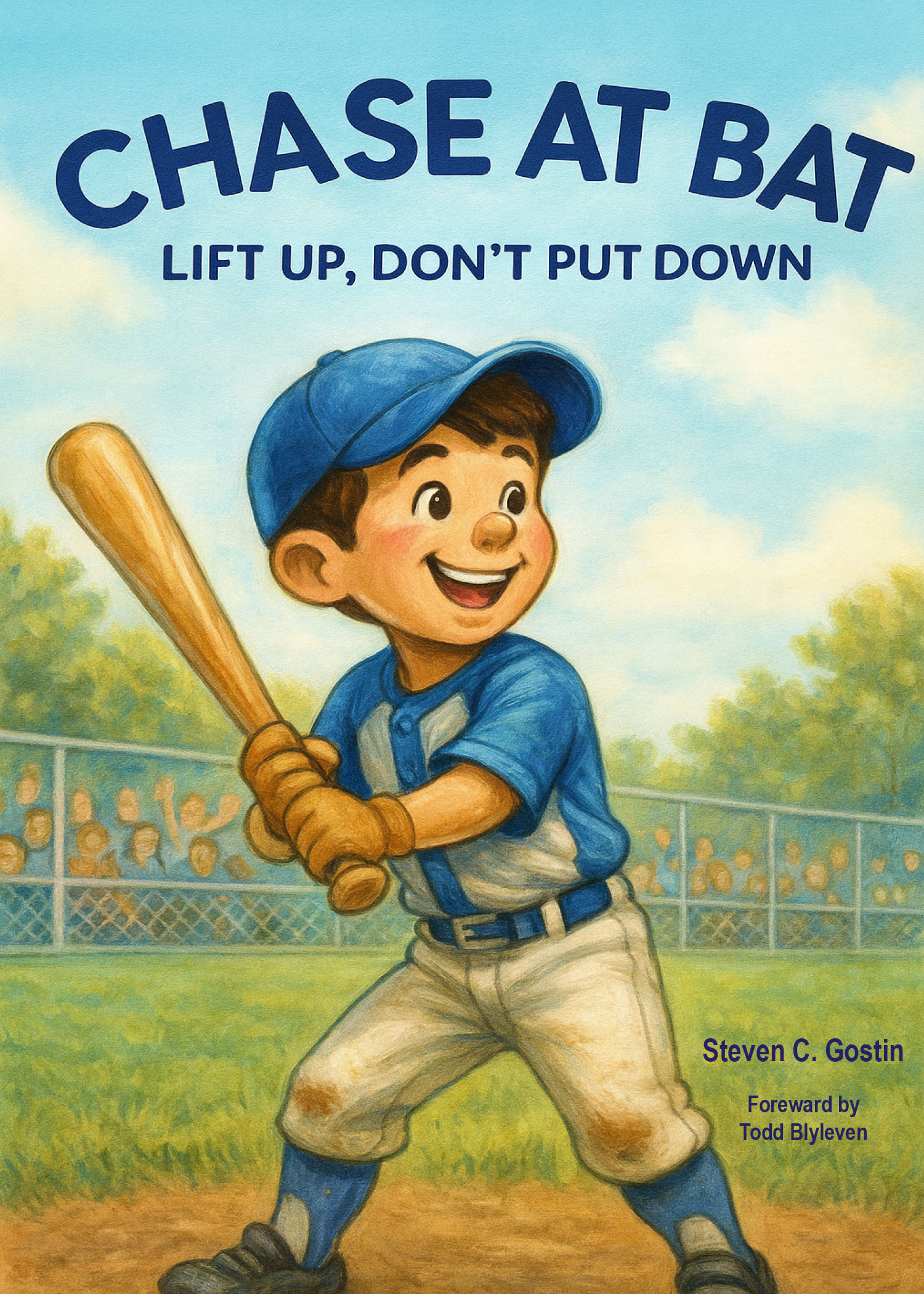 Young boy in baseball uniform holding a bat, smiling at a baseball field with a crowd in the background.