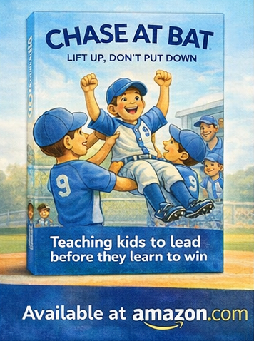 Children in baseball uniforms celebrating on a field, with a book cover titled 'CHASE AT BAT' and a subtitle about teaching kids to lead.