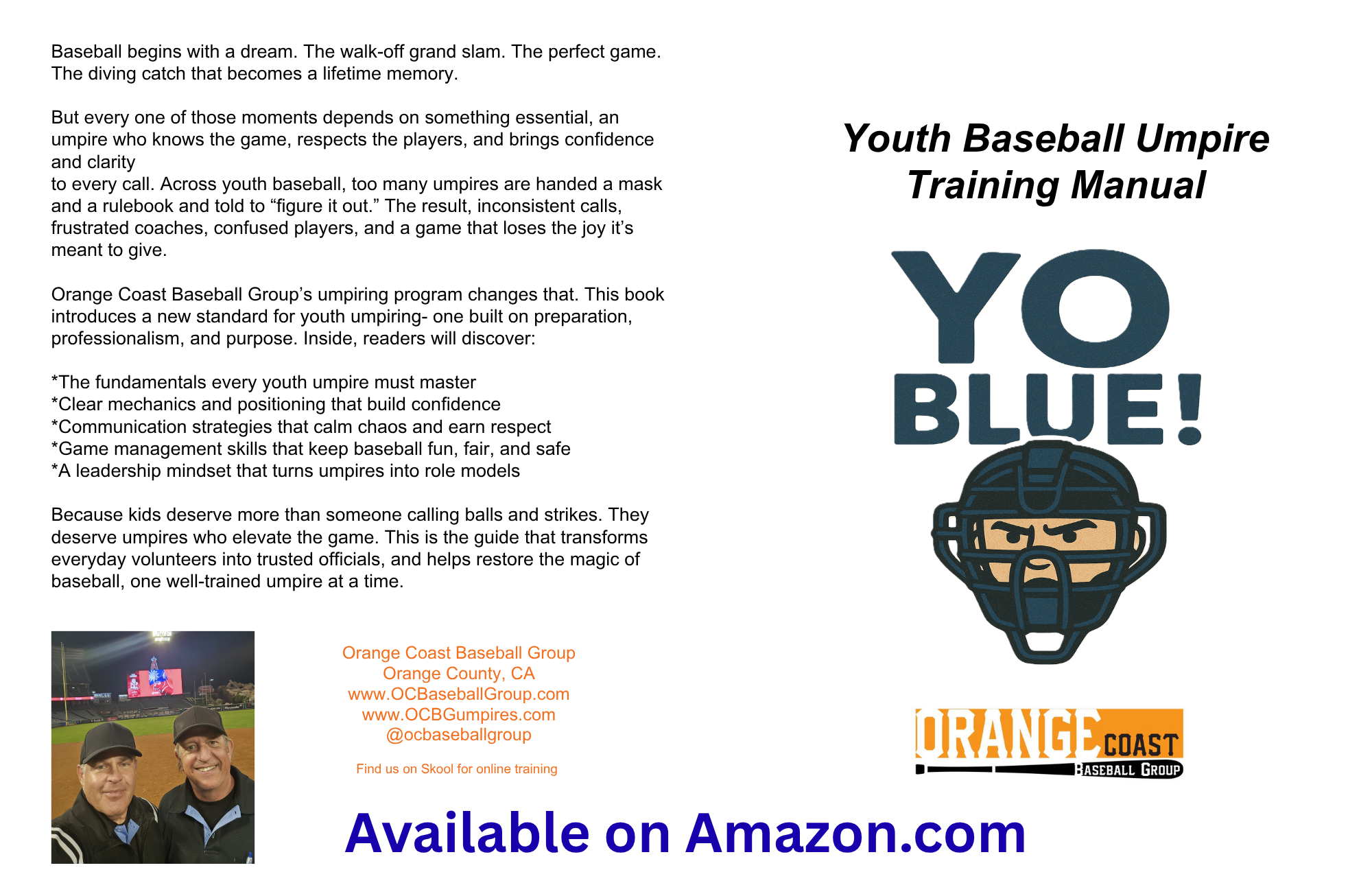 Youth Baseball Umpire Training Manual cover with a baseball helmet graphic and text, including 'YO BLUE!' and 'Available on Amazon.com'.