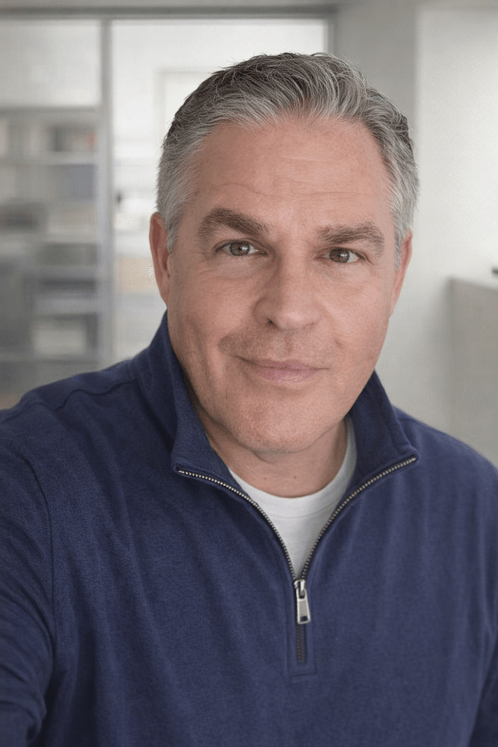 A middle-aged man with gray hair and a slight smile, wearing a navy blue zip-up sweater, indoors with a window in the background.