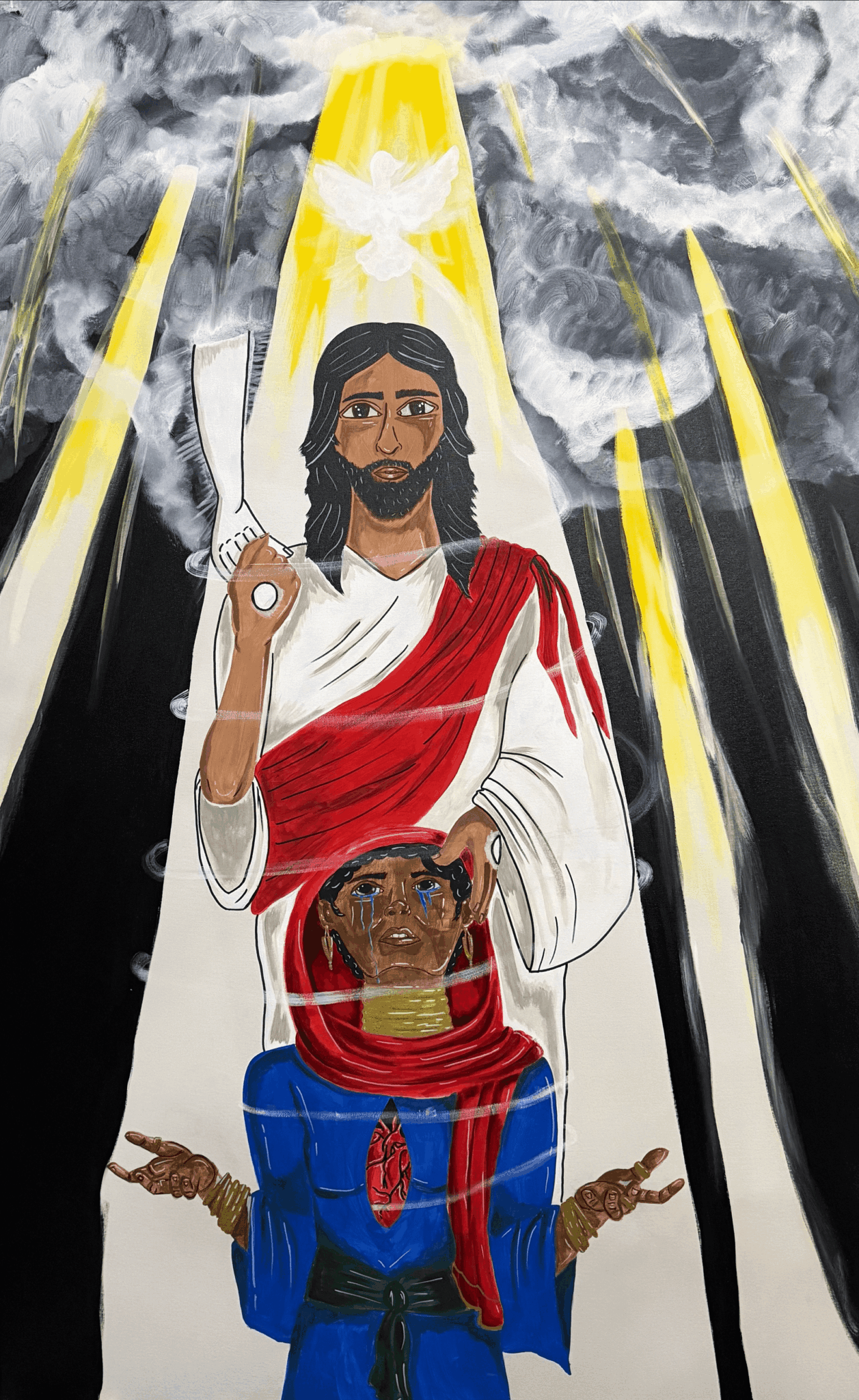 A religious painting depicts Jesus Christ with a child, both with dark skin, standing under a cloudy sky with yellow beams of light.