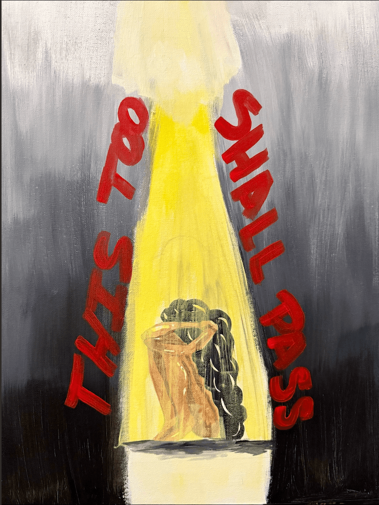 Two people embrace under a yellow light, with red text reading 'TOO STS' and 'SHALL TRS' on a dark background.