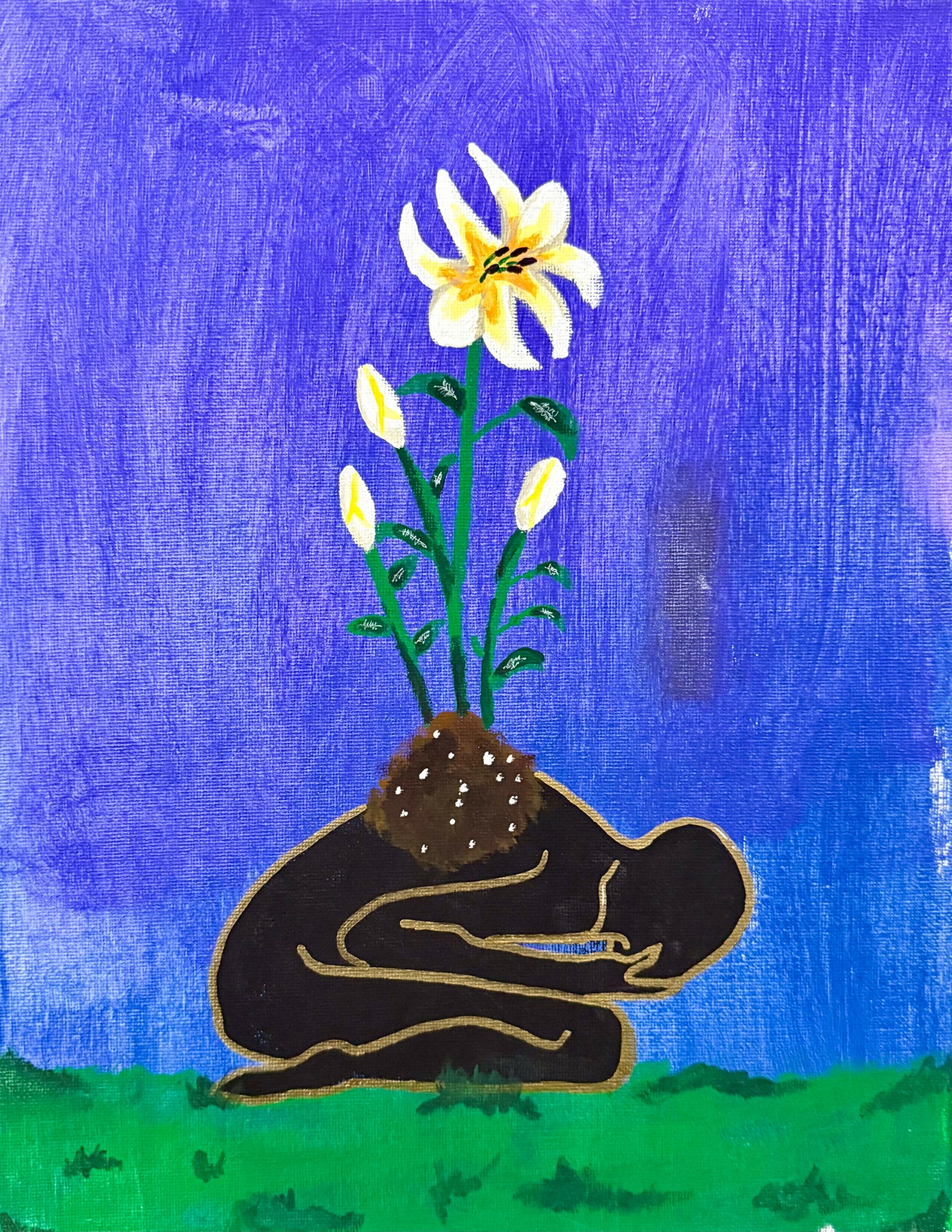 A person curled in a fetal position with a plant growing from their back, flowers blooming from the soil on their back.