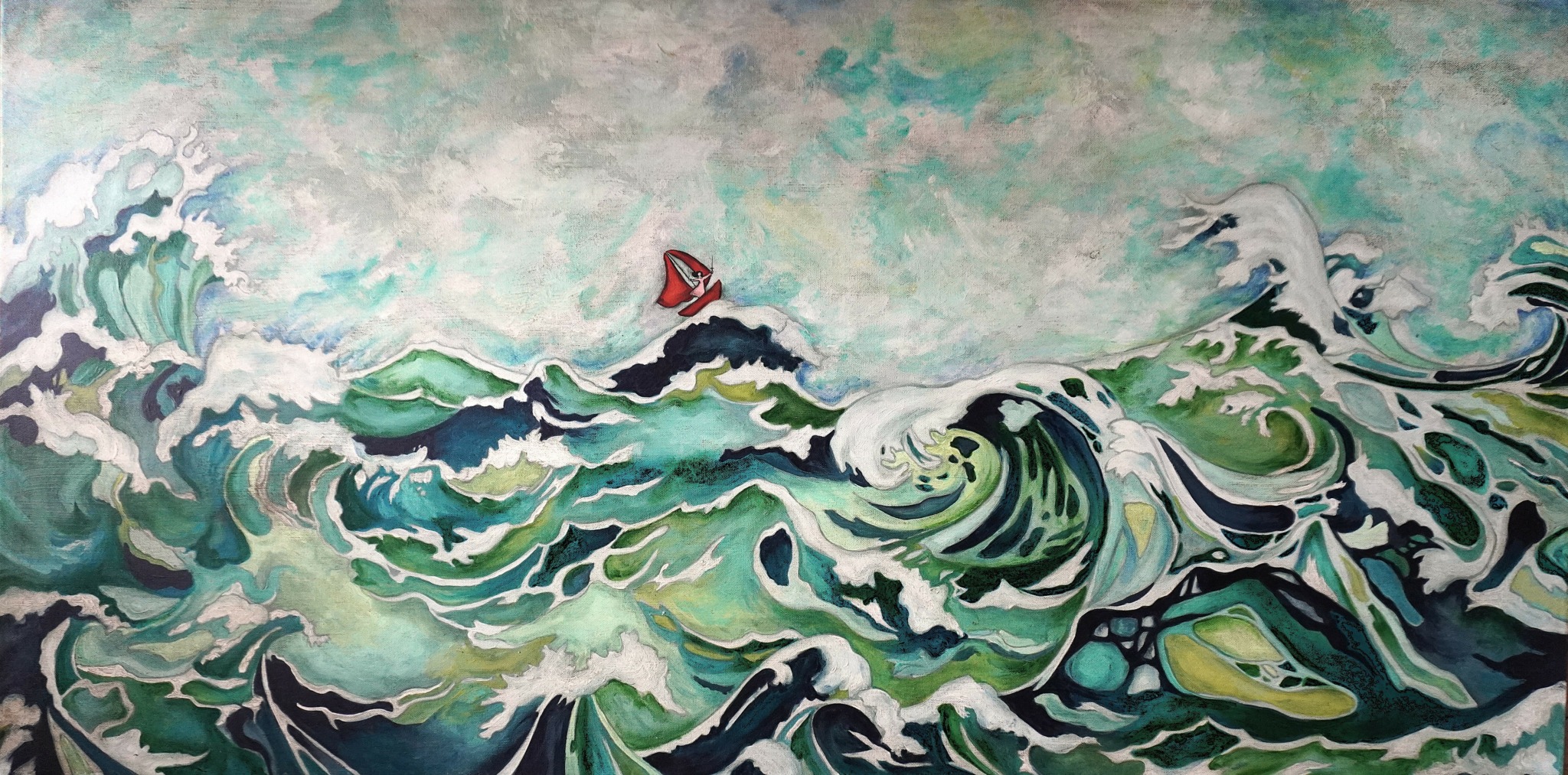 Painting of turbulent ocean waves with a small red boat and a seagull flying above, in a traditional Japanese style.