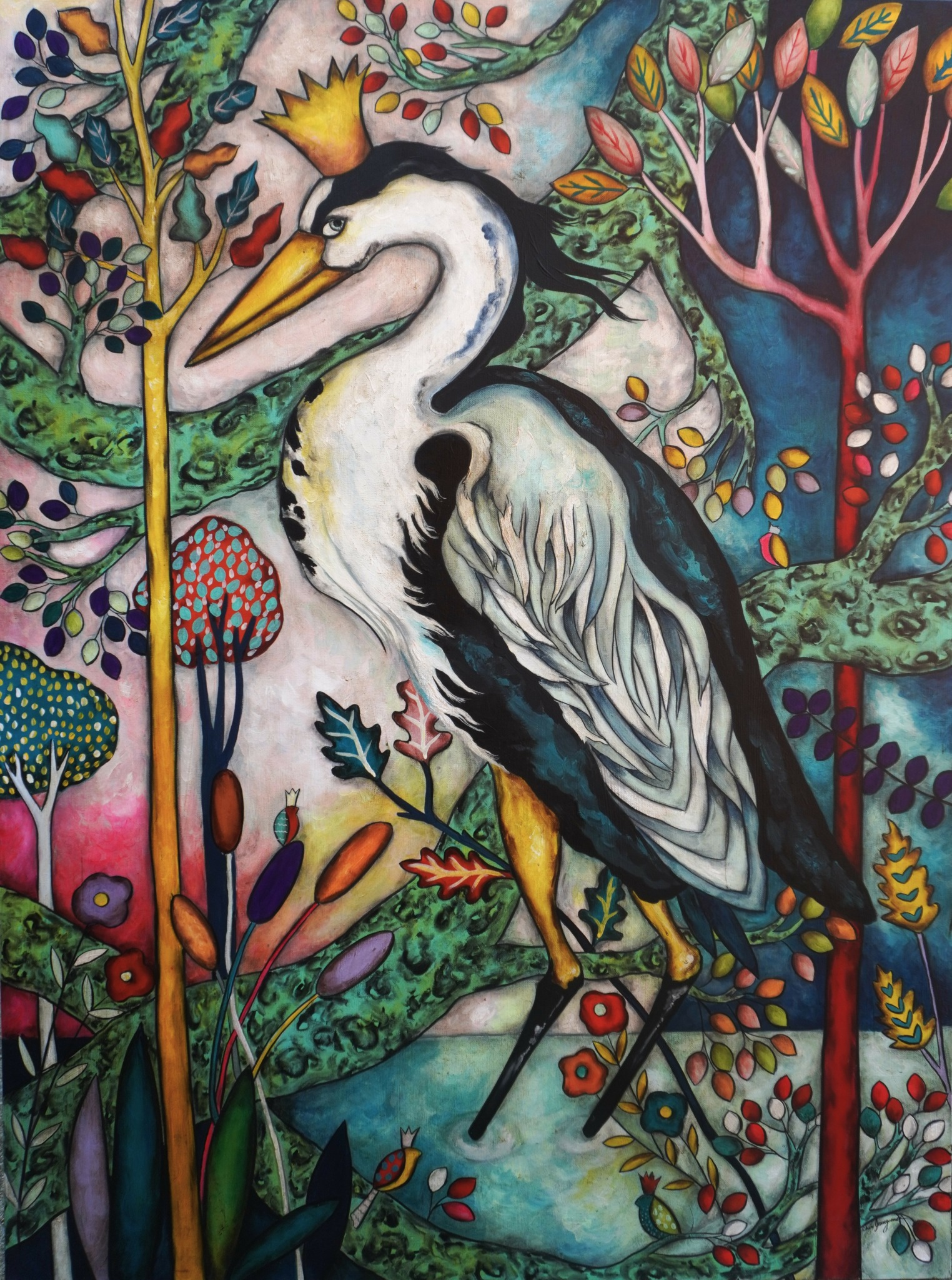 A stylized heron standing among colorful plants and trees in a vibrant, abstract landscape.