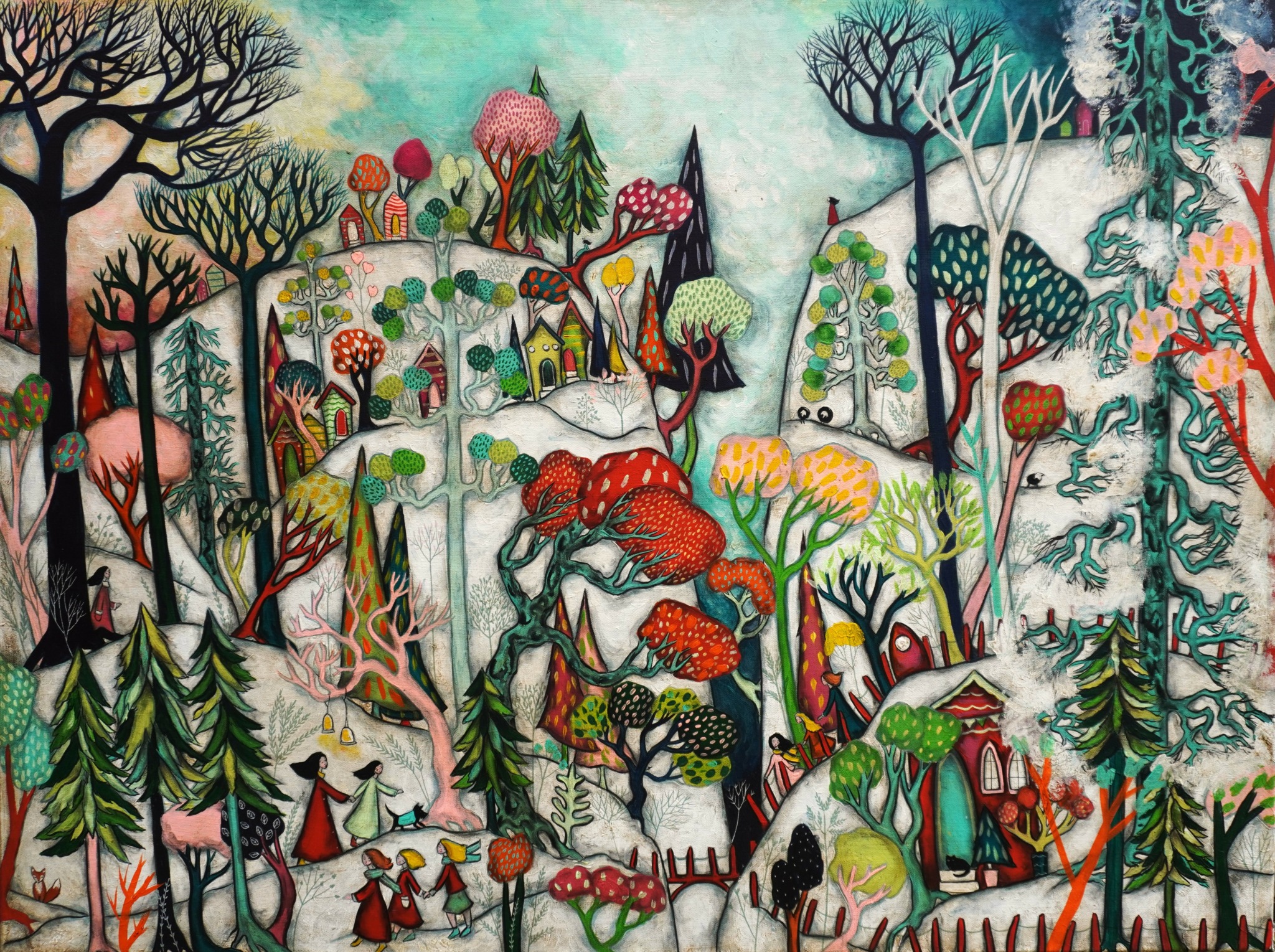 Colorful forest scene with trees, mushrooms, and a small house among lush vegetation and hills.