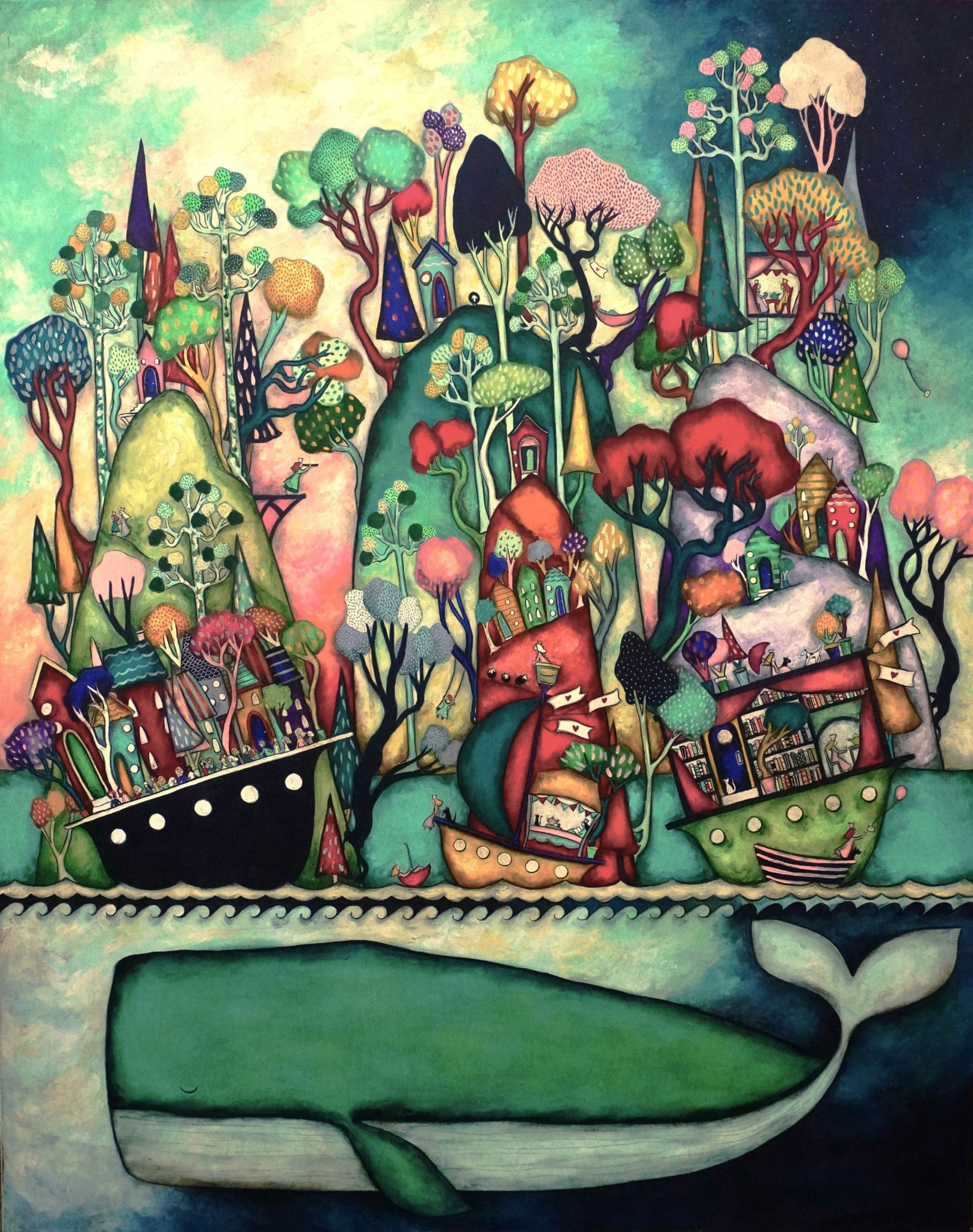Colorful abstract landscape with trees, hills, and boats on water, featuring vibrant colors and whimsical shapes.