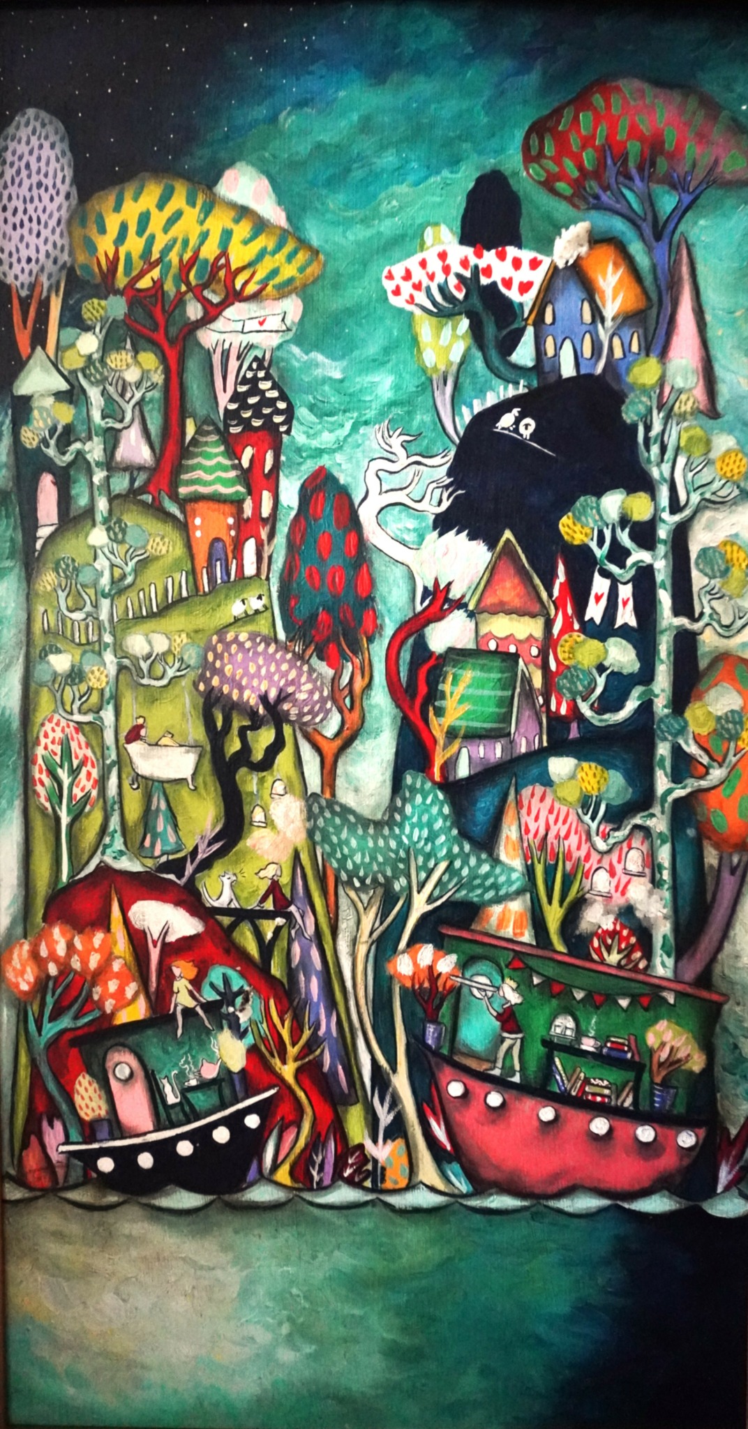 Colorful fantasy landscape with trees, animals, and boats on water, featuring vibrant, whimsical elements.