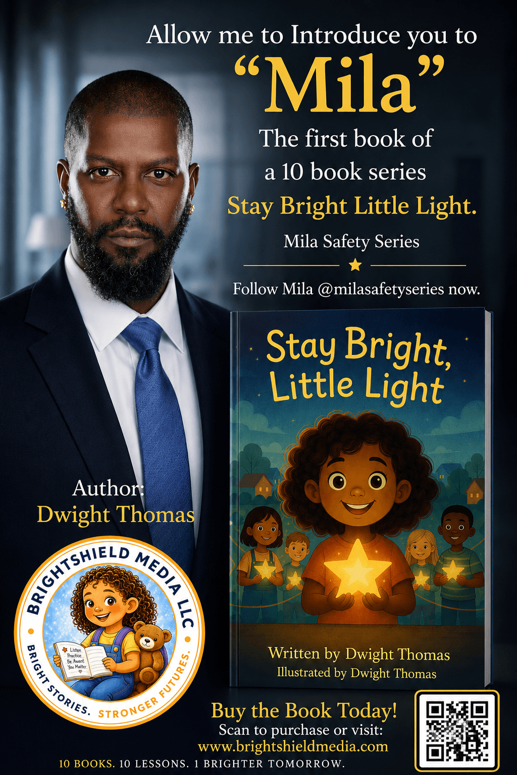Book cover featuring a man in a suit, title 'Stay Bright Little Light,' author Dwight Thomas, and a cartoon child holding a star.