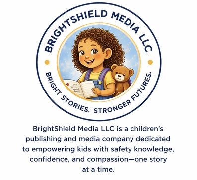 Logo with a smiling girl reading a book, holding a teddy bear, surrounded by text and a blue sky background.