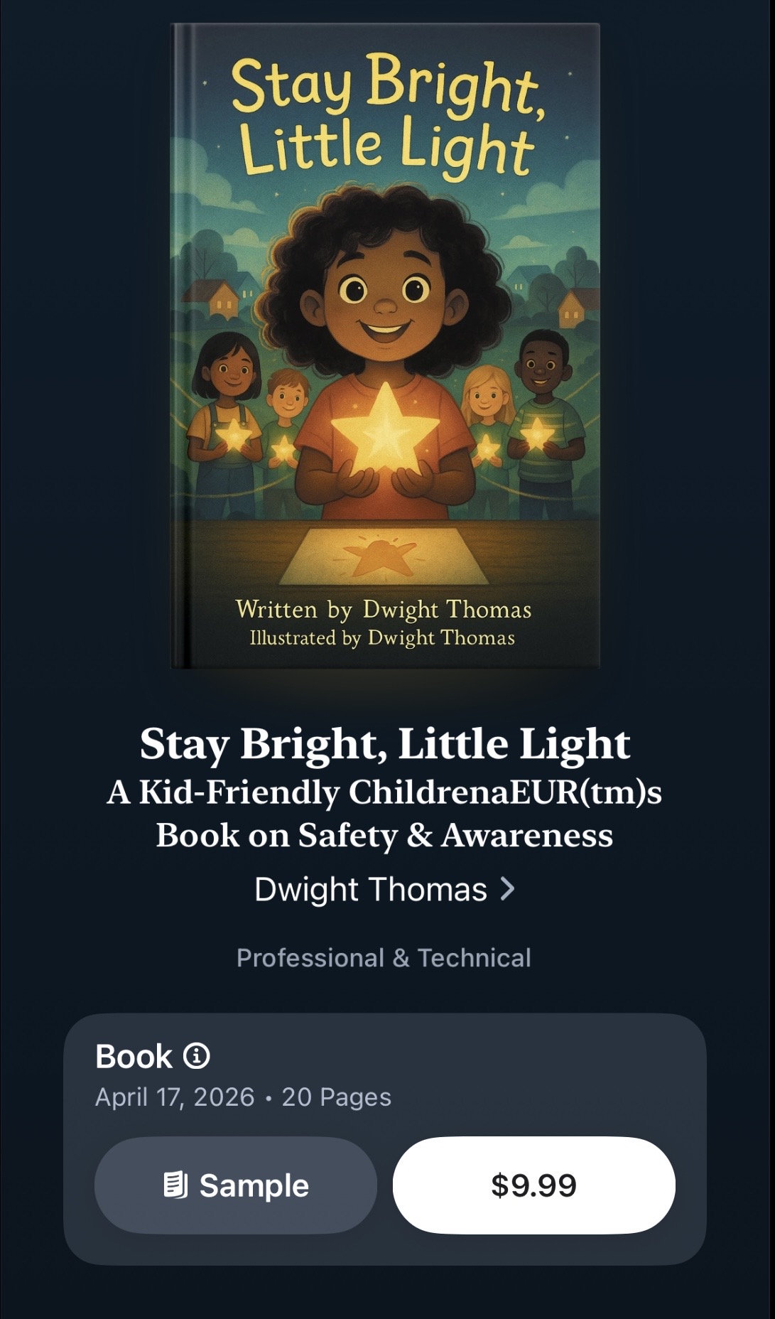 Book cover titled 'Stay Bright, Little Light' shows a smiling child holding a glowing star, with other children in the background.