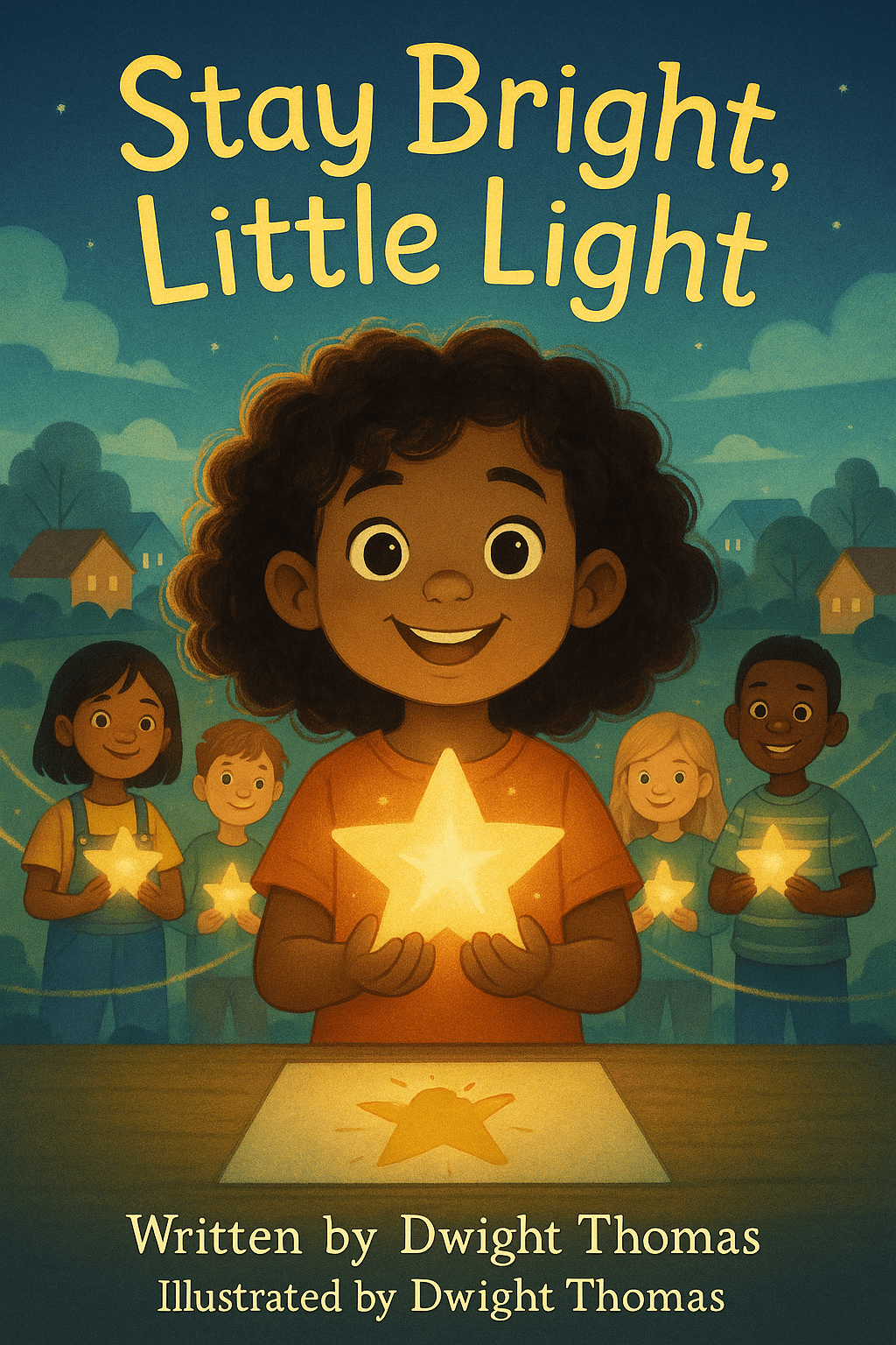 Young girl holding a glowing star, with four children in the background, night sky, and houses, smiling happily.