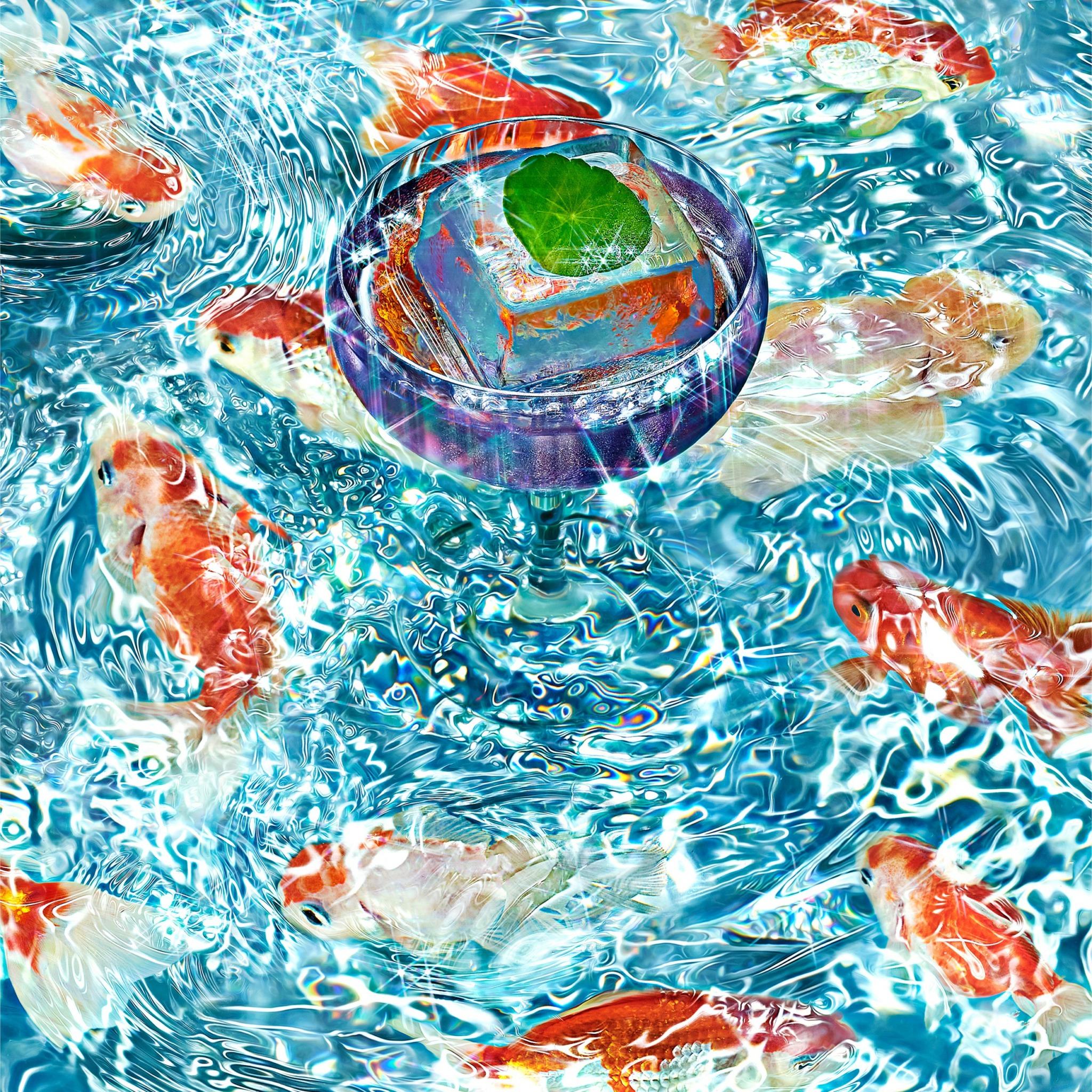Colorful fish swim around a floating ring with a green leaf inside on a blue water surface.
