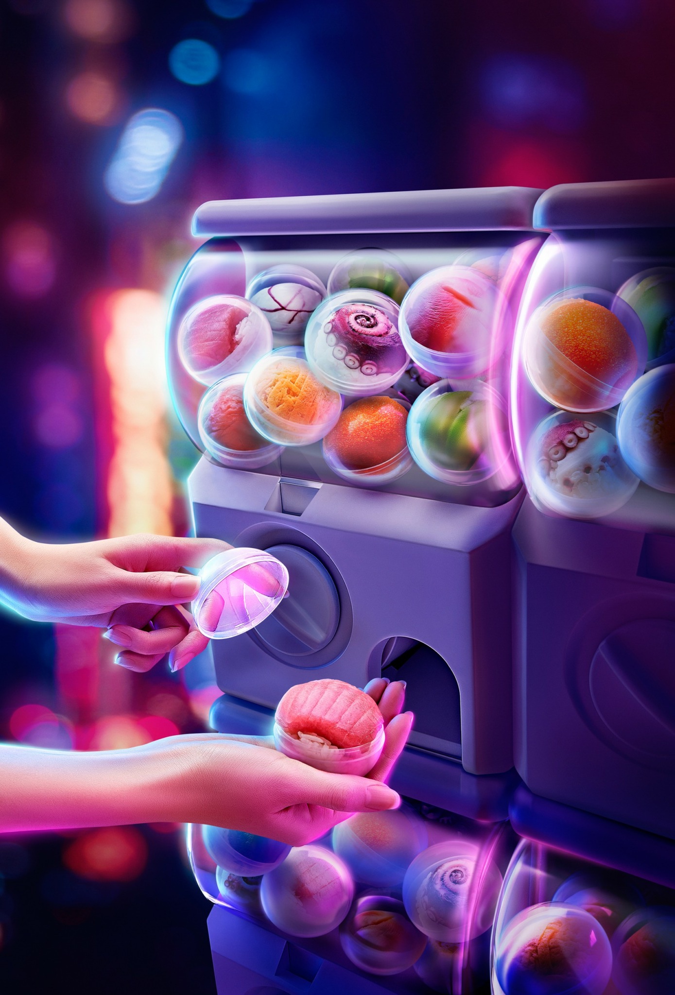 Person inserting a pink capsule into a gumball machine filled with colorful capsules, with a blurred neon-lit background.