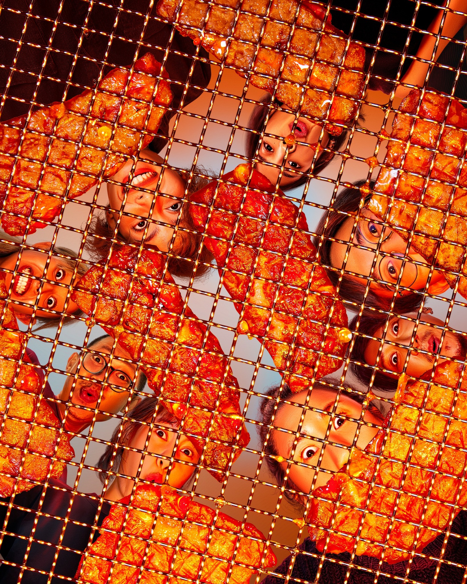 Two children in red costumes behind a wire mesh, with large orange objects above them.