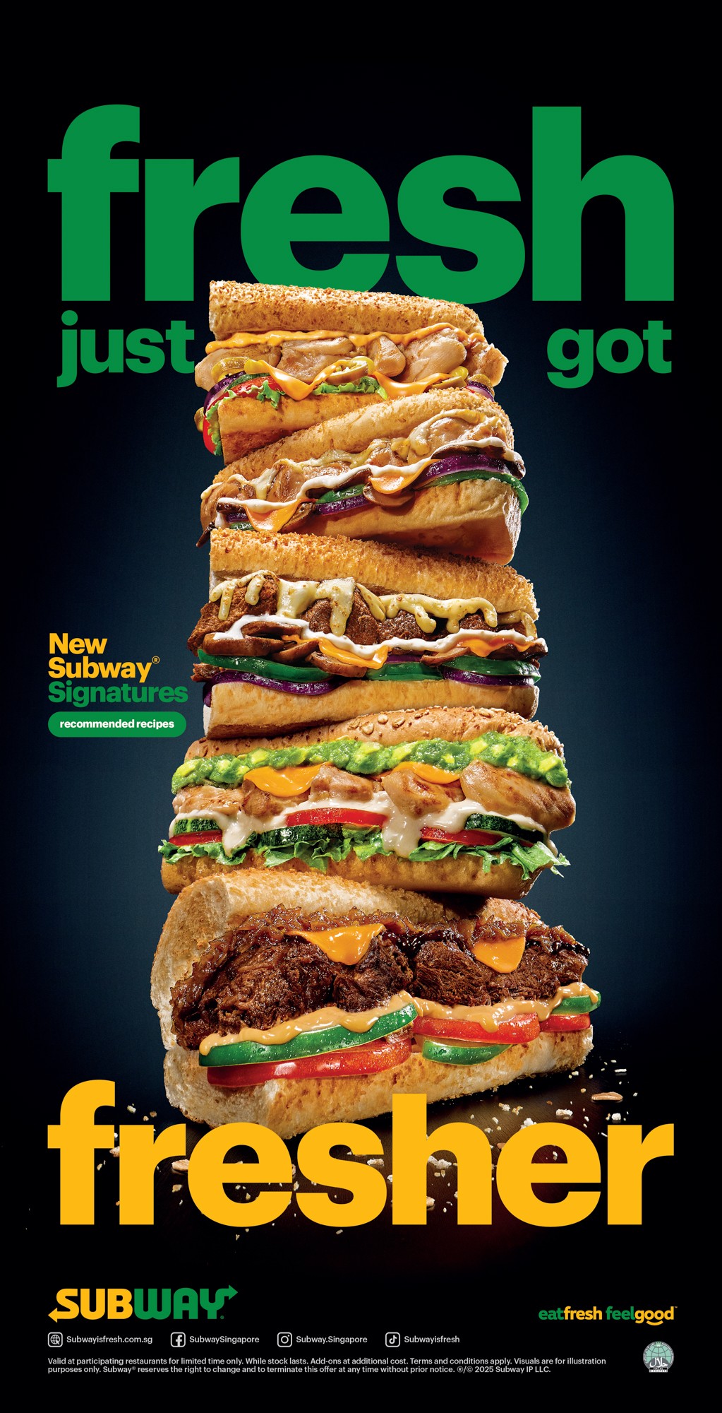 Stack of multiple sandwiches with various fillings, with text promoting Subway's fresh ingredients and new signature subs.