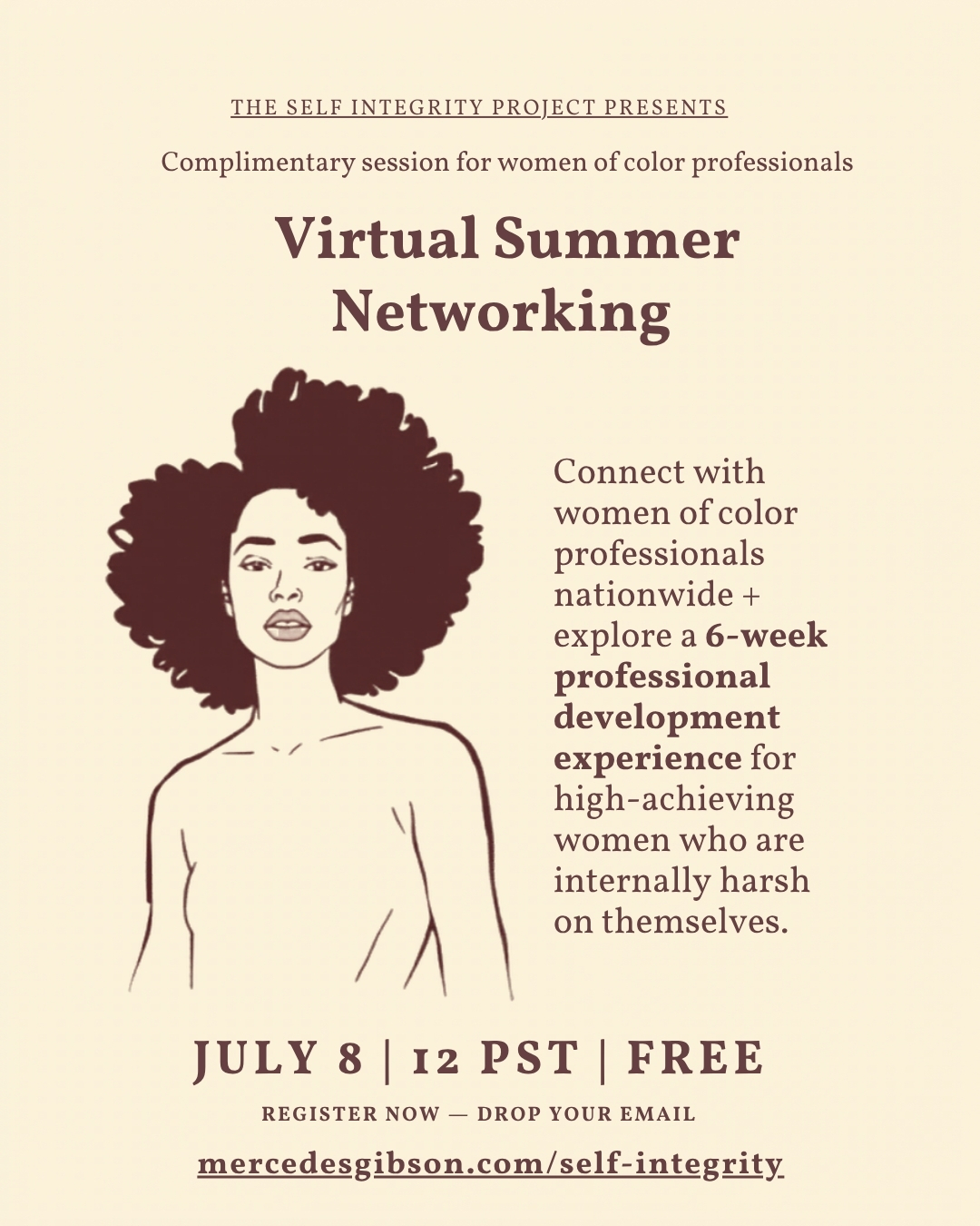 Line drawing of a woman with curly hair, text about virtual summer networking event, date, time, free, and registration link.