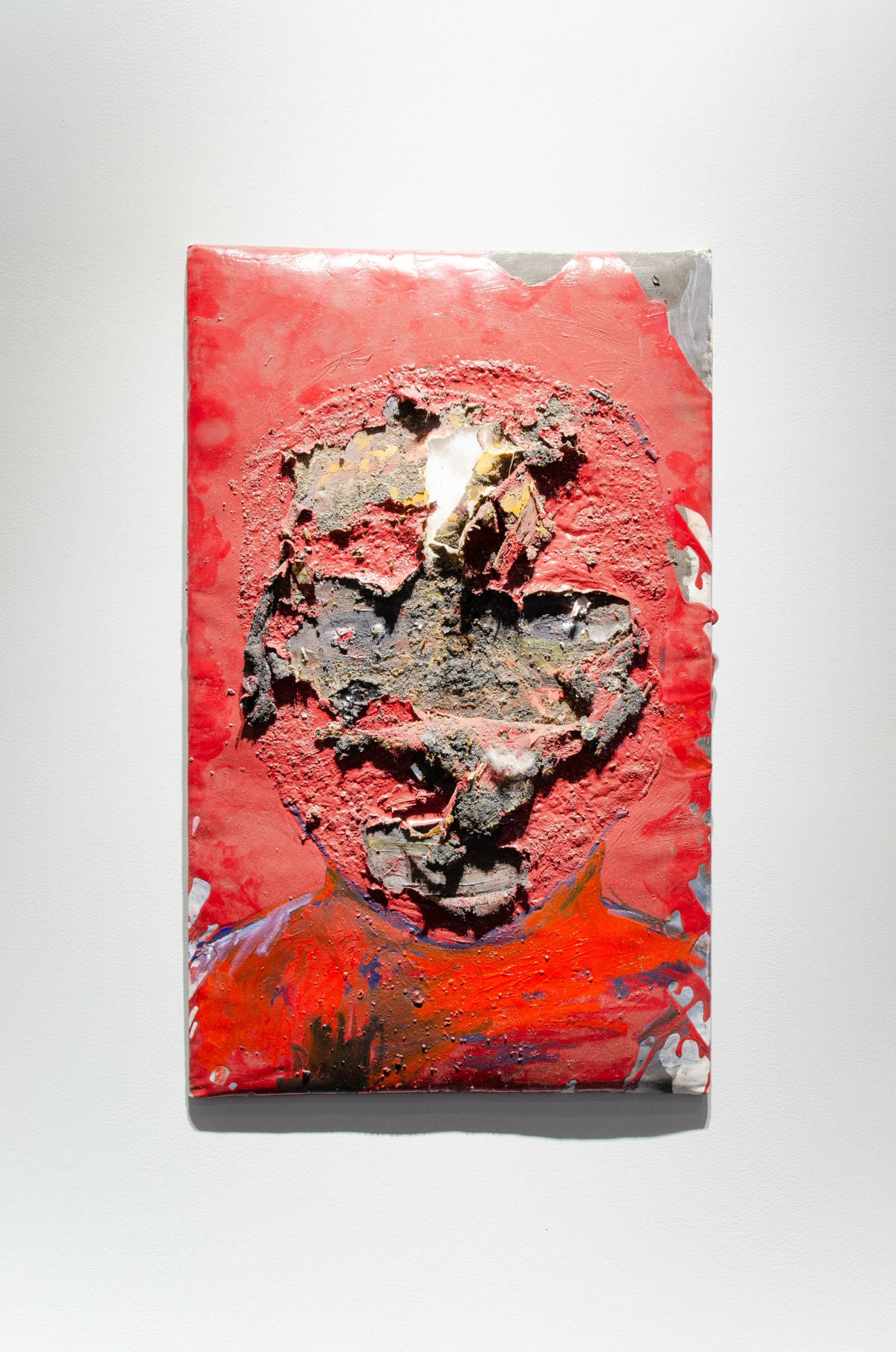 A damaged, abstract portrait of a person with a red background, showing peeling paint and rough textures.
