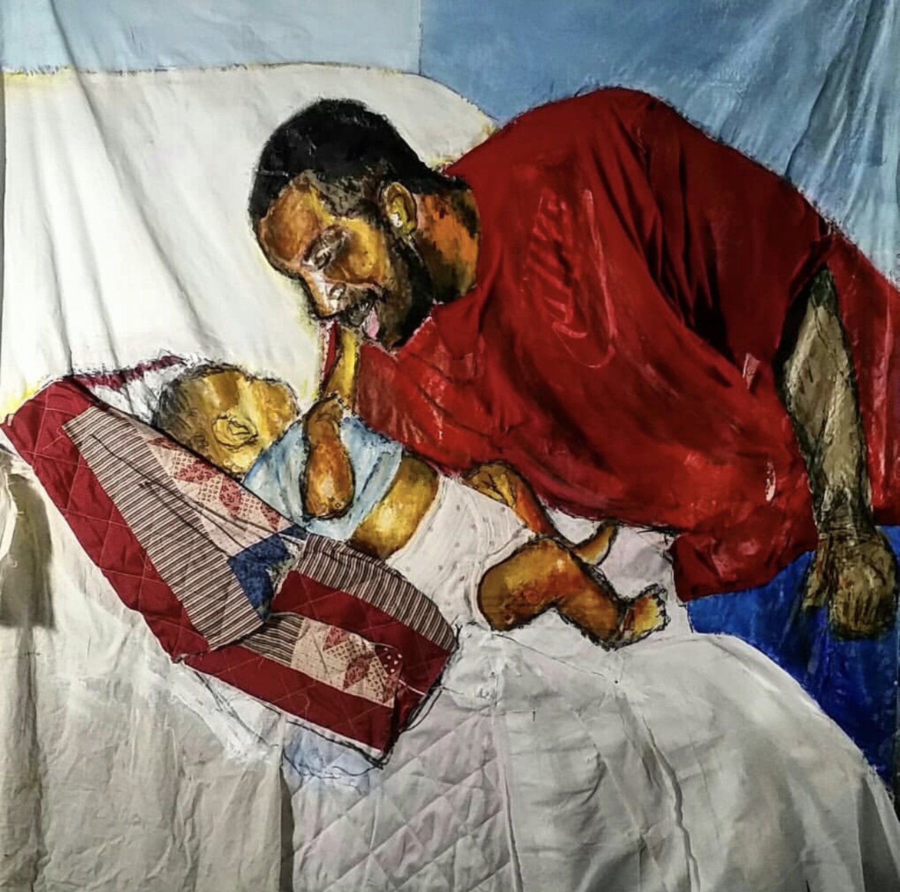 Man with glasses and beard smiling at a sleeping baby in a crib, holding the baby's hand, in a colorful room.