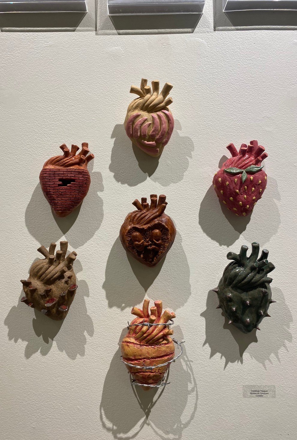Seven colorful, textured heart-shaped objects arranged on a white wall with shadows, resembling stylized anatomical hearts.