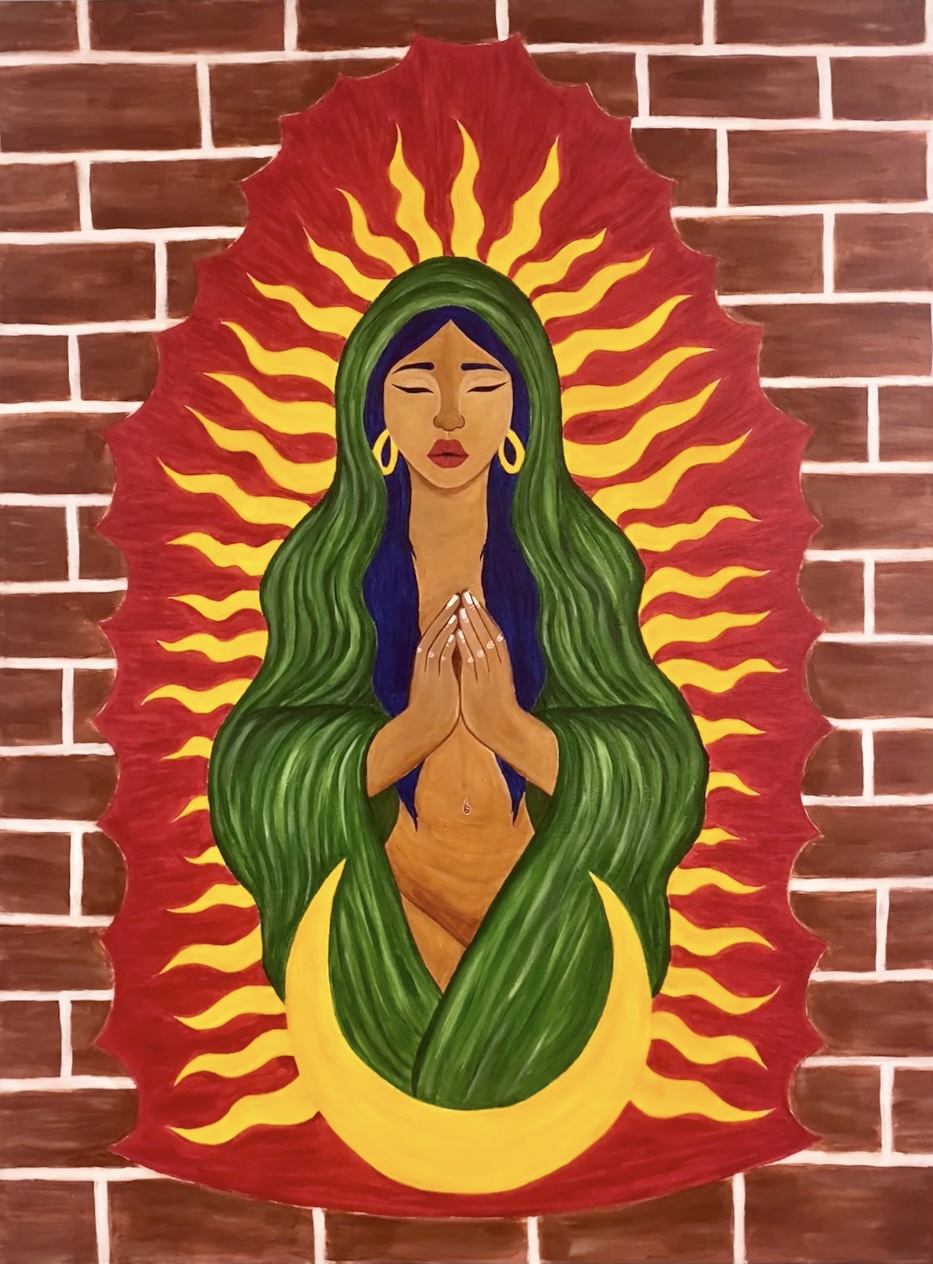 Illustration of a woman with green hair, praying with hands together, surrounded by a yellow sun and red flames, against a brick wall.