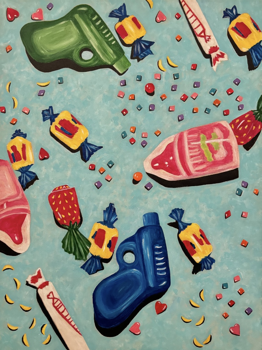 Colorful candies and bottles scattered on a blue background, with a pink and a blue toy gun, and confetti.