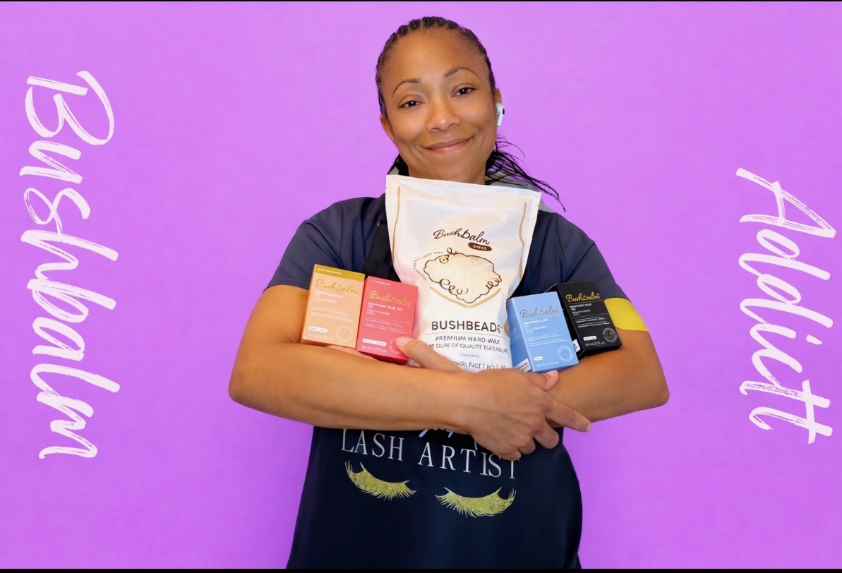 Smiling woman holding skincare products against purple background with words 'Buy', 'Add', 'Beauty', 'Addict'.