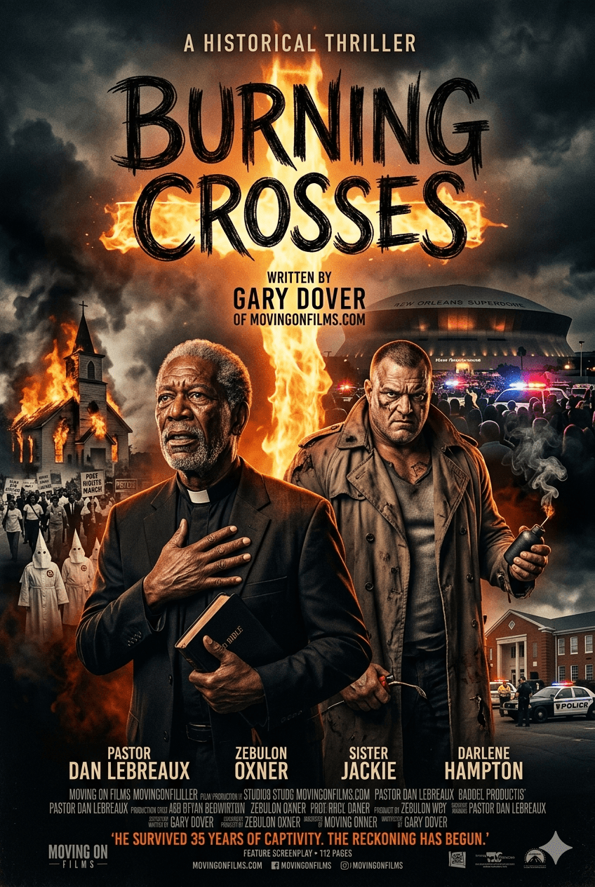 Movie poster for Burning Crosses, featuring two men in front of a burning building and police cars, with a crowd in the background.