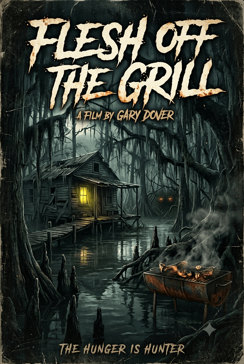 Movie poster with dark swamp scene, house with lit window, boat with fire, and title 'Flesh Off the Grill'.