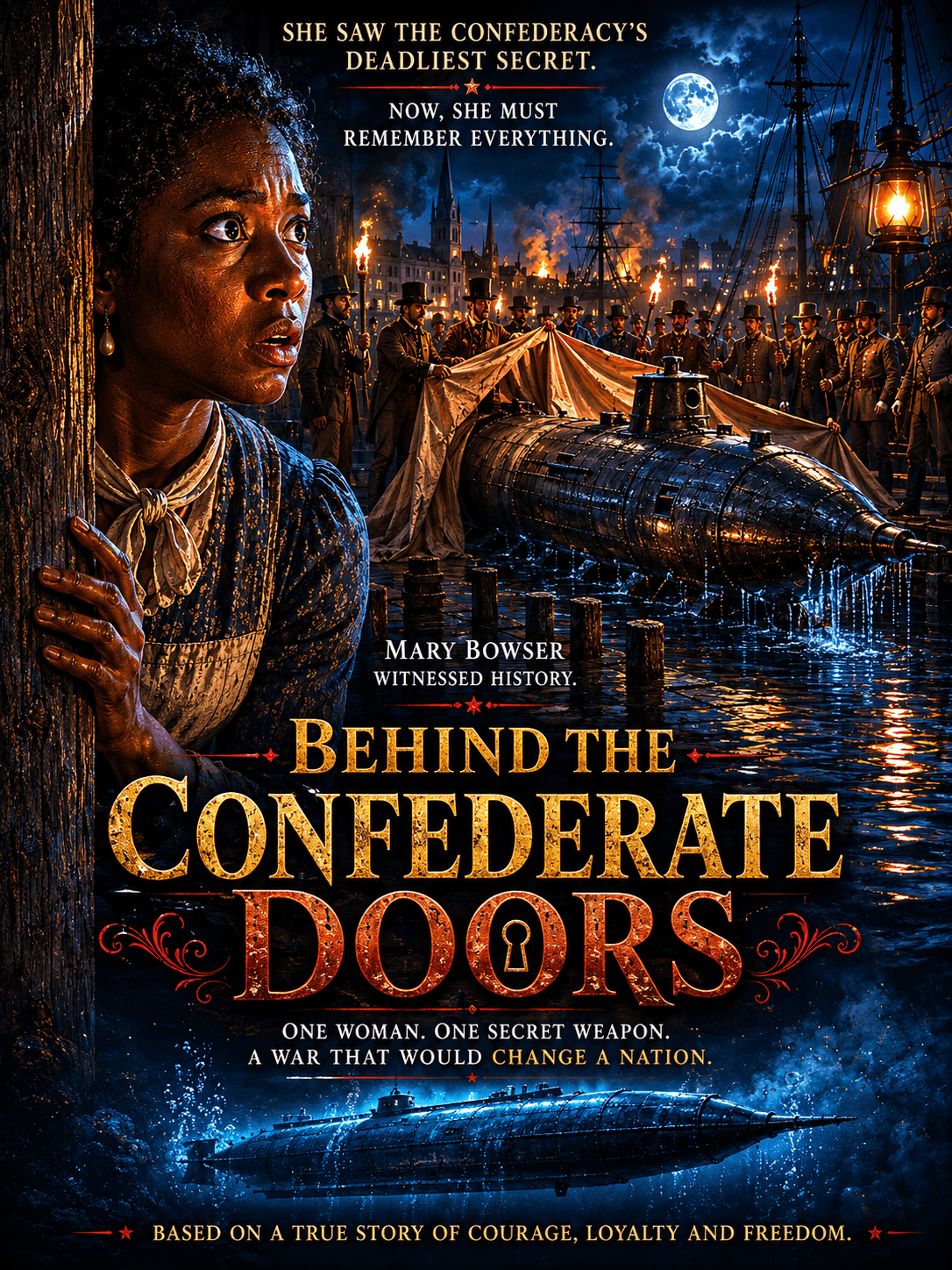 Woman with a worried expression in front of a nighttime scene with tents, a boat, and a full moon, book cover.