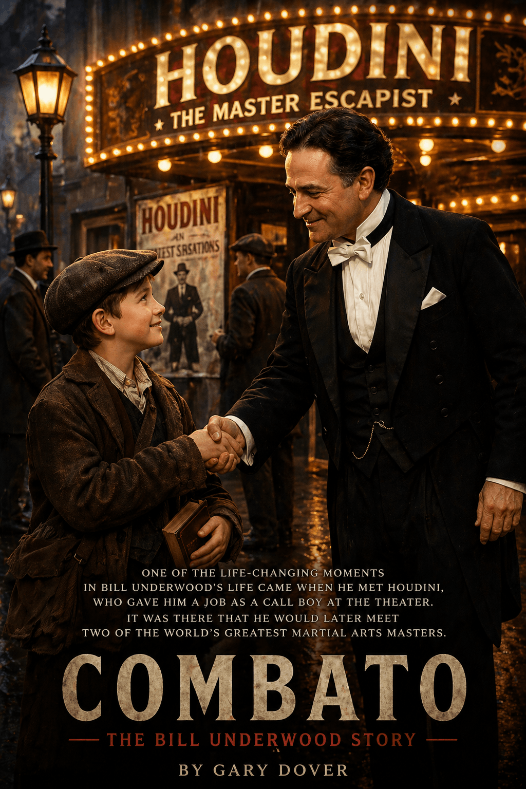 Man and boy shake hands in front of a Houdini theater marquee, smiling, with a crowd nearby at night.