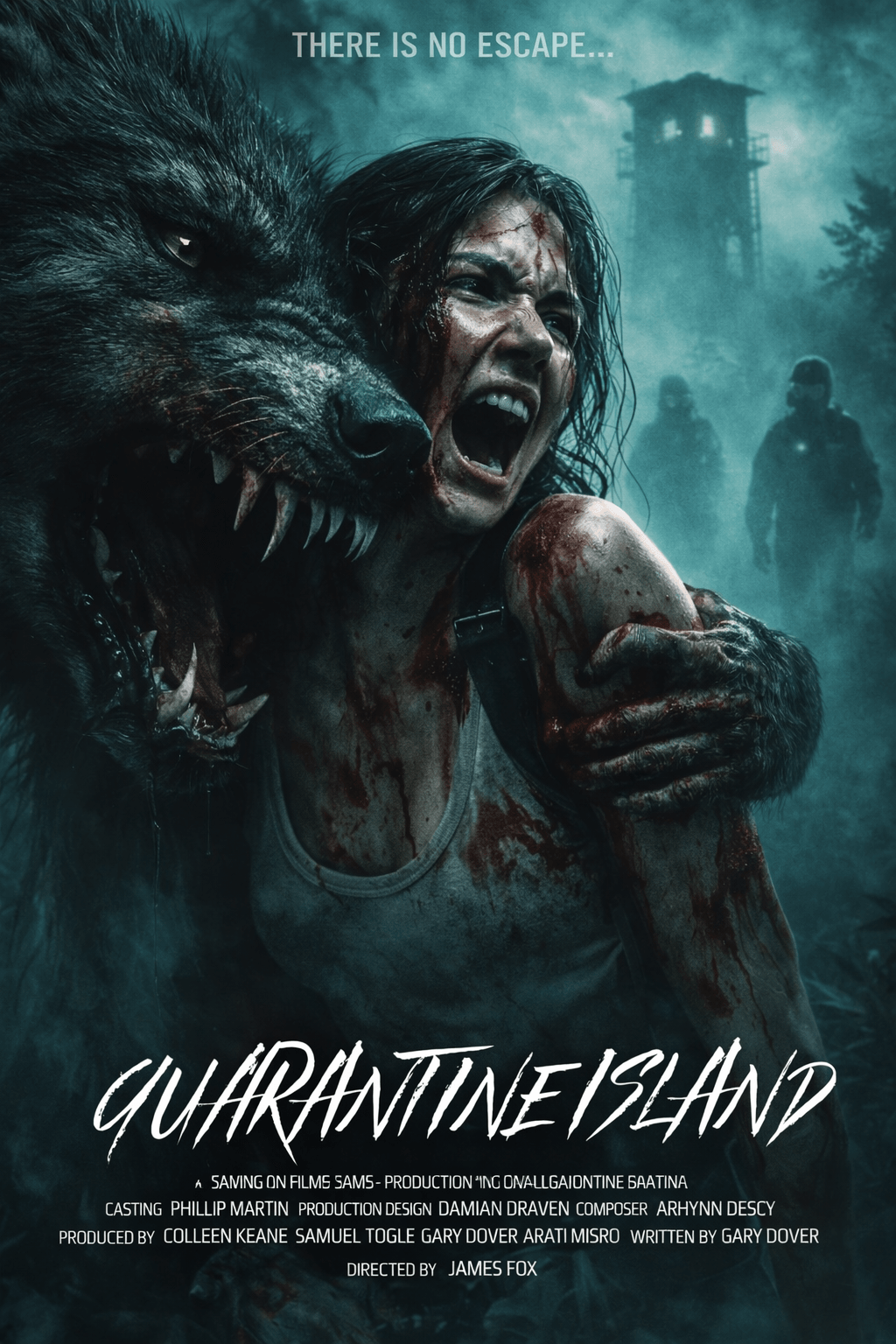 Woman with blood on her arm screams as a large wolf-like creature bites her shoulder in a foggy forest scene.