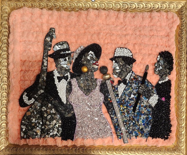 Five people dressed in vintage clothing and hats, posing together against a pink background with a decorative border.