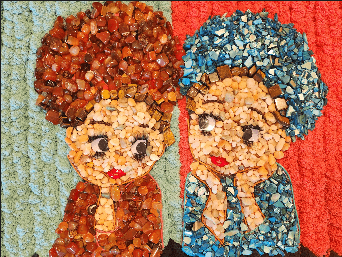 Mosaic artwork of two children with colorful backgrounds, one with brown hair and the other with blue hair, both smiling.
