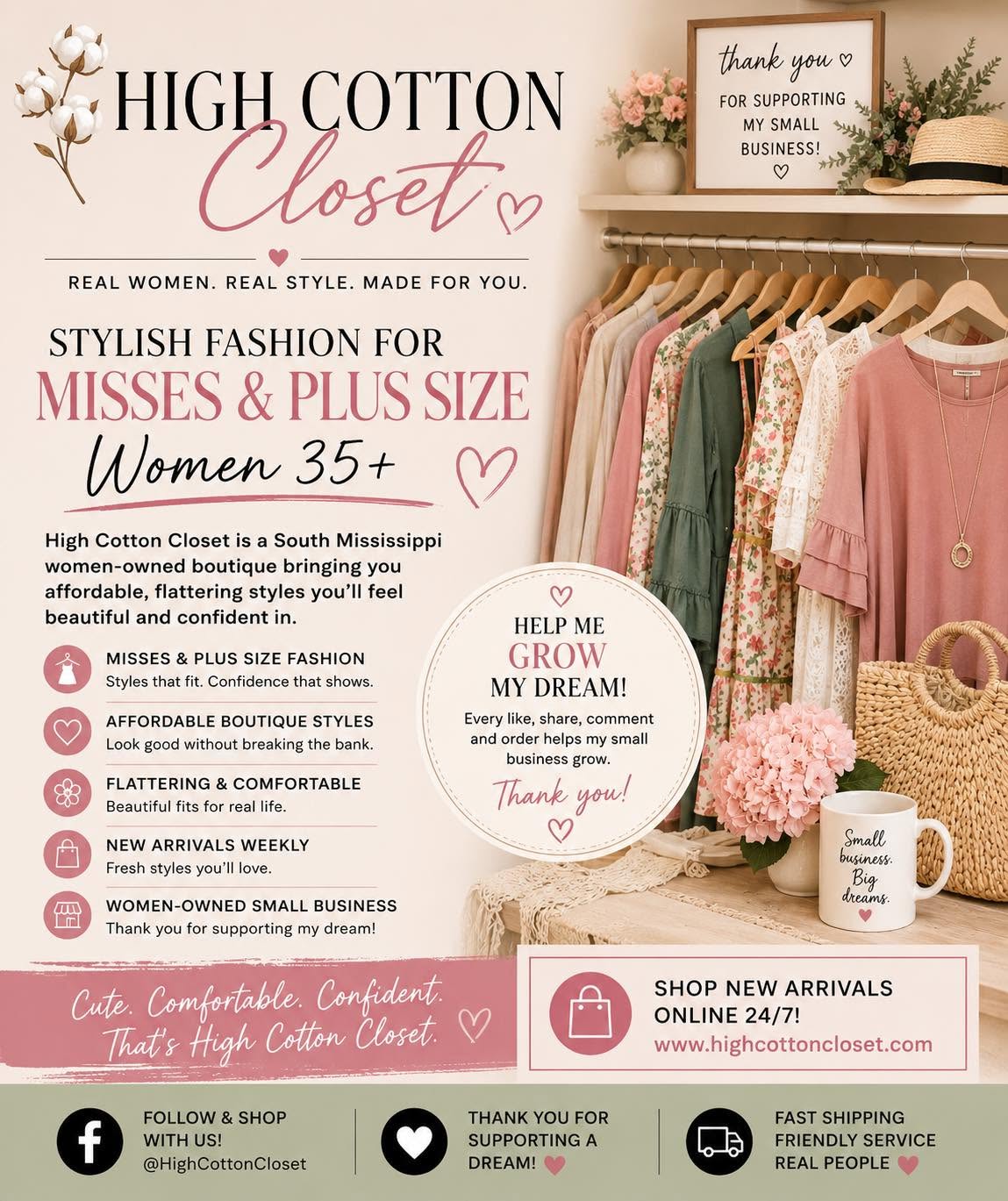 Display of pink and beige clothing, accessories, and signs at a boutique store, with flowers and a shopping bag. Text promotes fashion for women 35+.