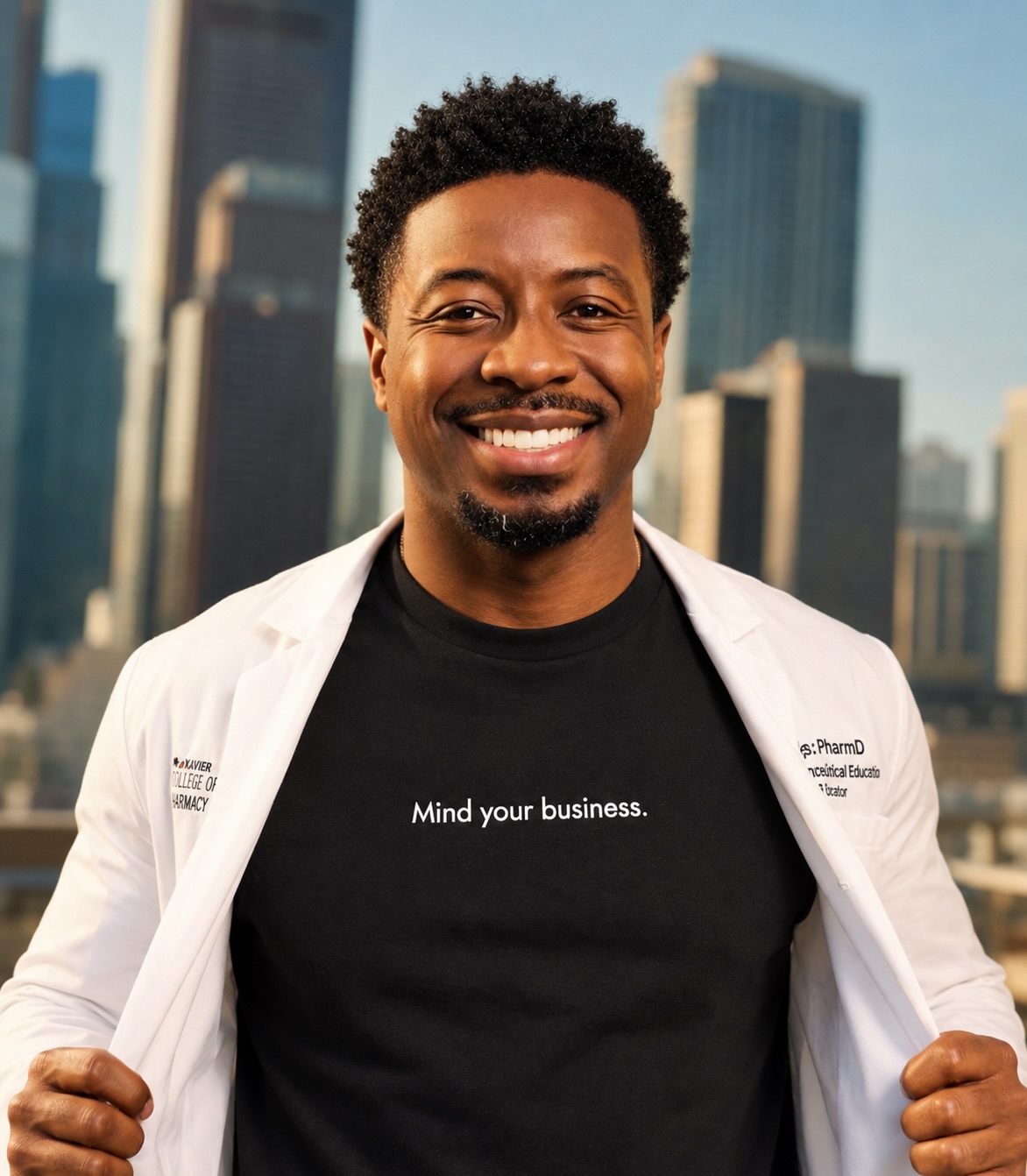 Smiling man in a white coat revealing a black T-shirt with text, city skyline background.