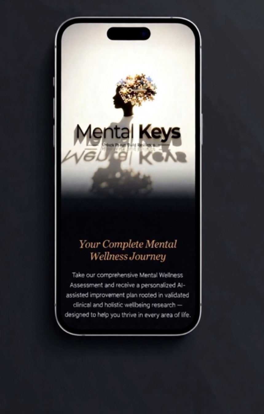 Smartphone screen displays a logo with a tree and the text 'Mental Keys' and a subtitle about mental wellness.