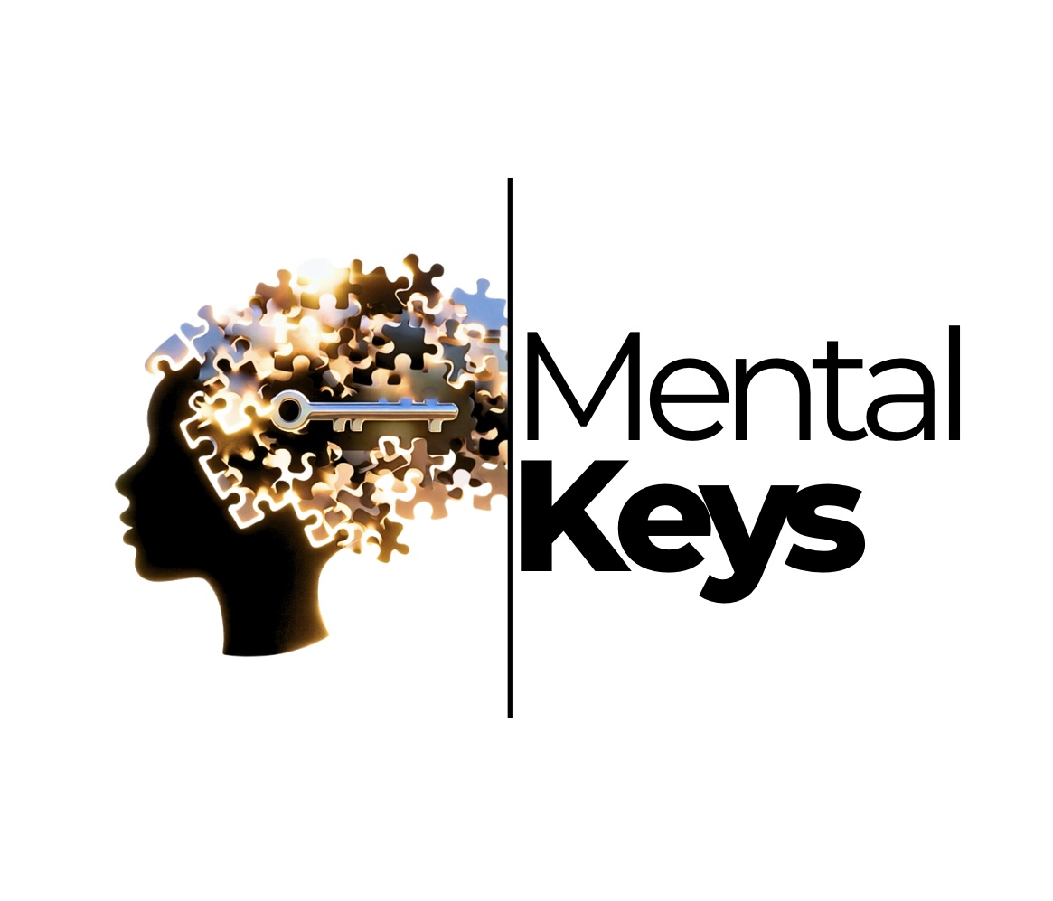 Silhouette of a person's head with puzzle pieces and keys inside, next to the text 'Mental Keys'.
