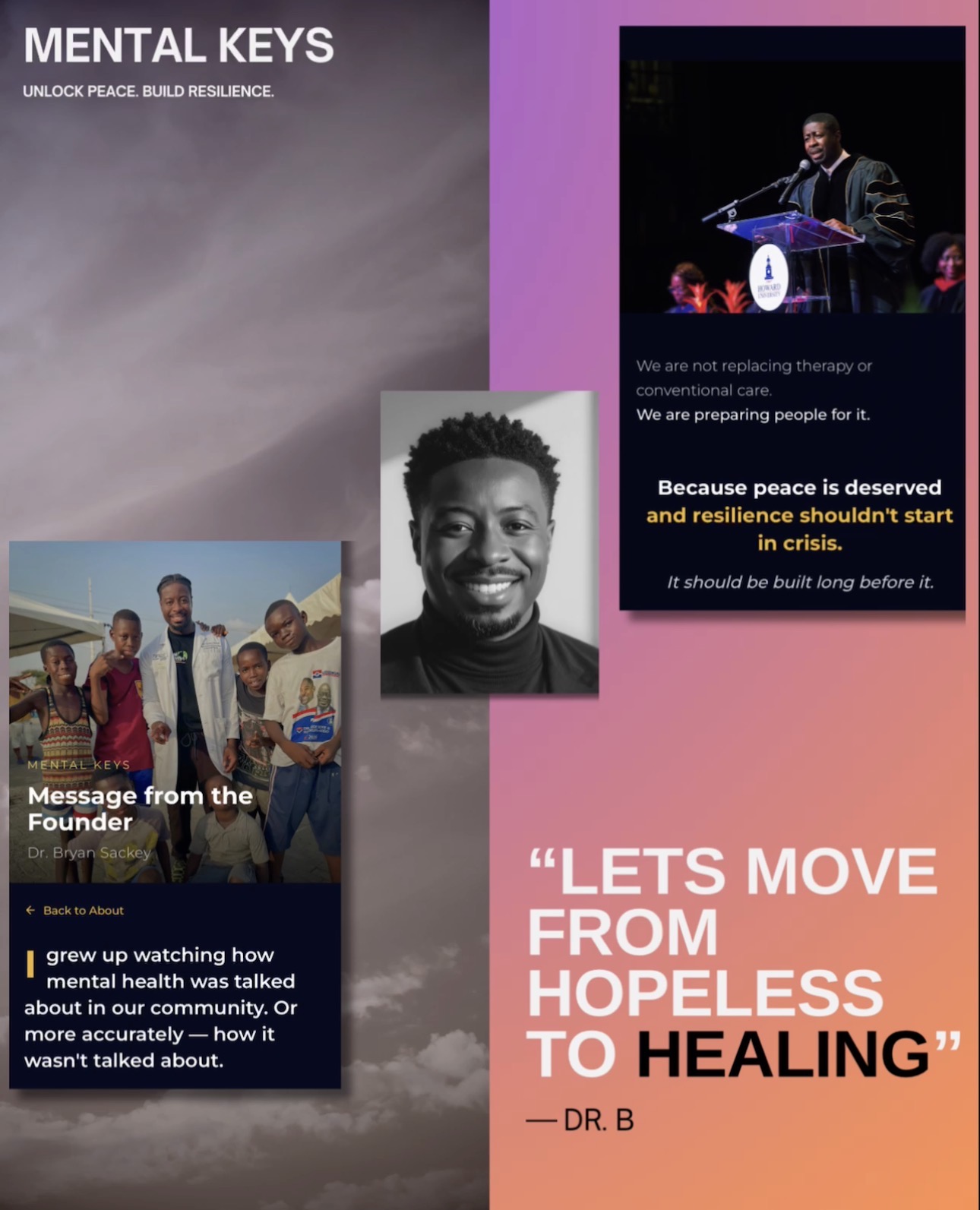 Collage of images with text about mental health, peace, resilience, and healing, including a speaker at a podium, a smiling person, and a group photo.