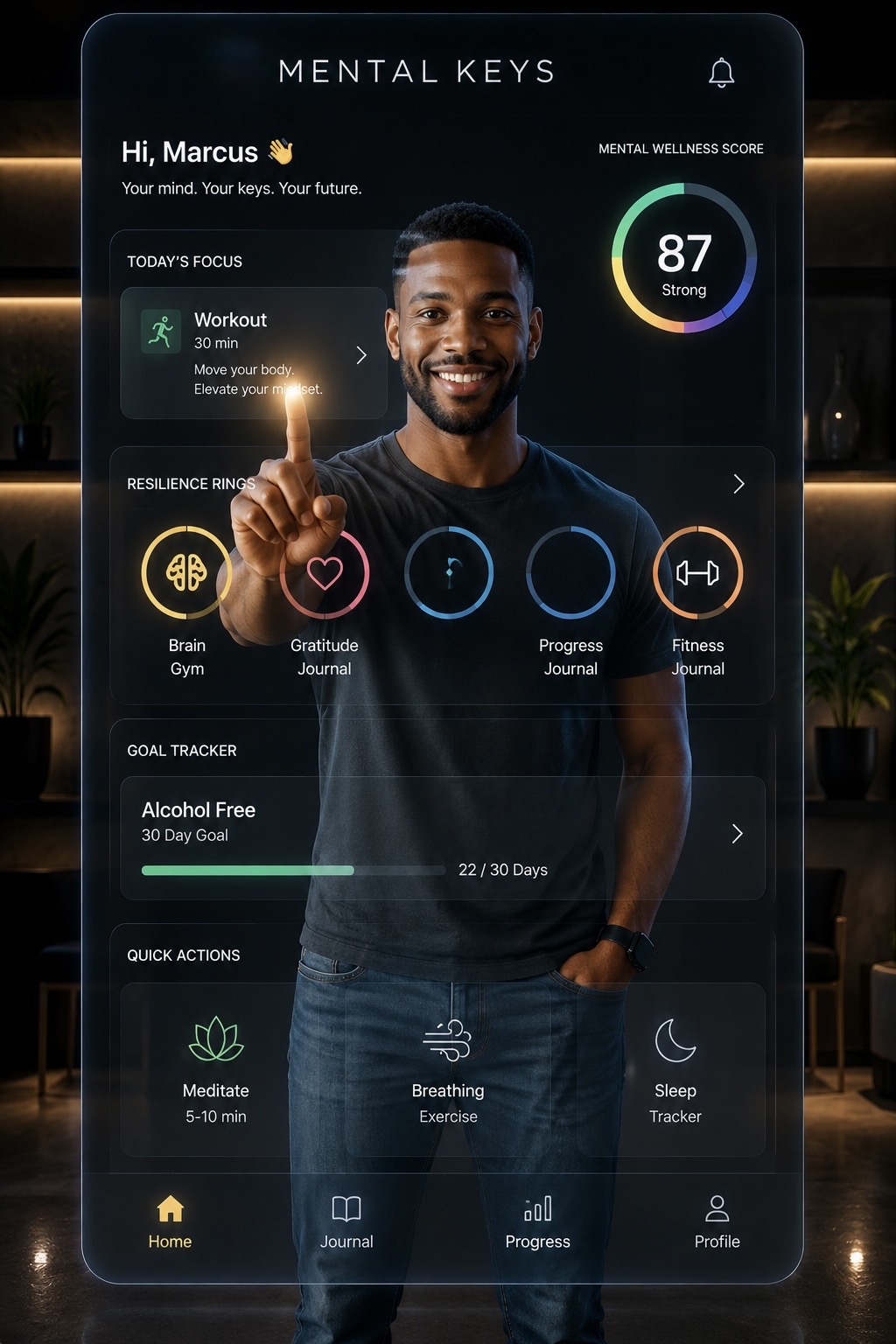 Smartphone screen displays mental health app with a smiling man, score 87, and various health tracking icons.