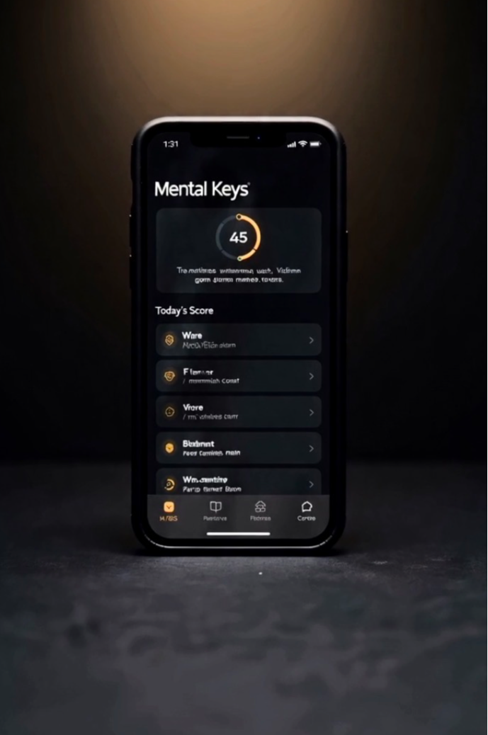 Smartphone displaying a mental health app with a score of 45, on a dark background.