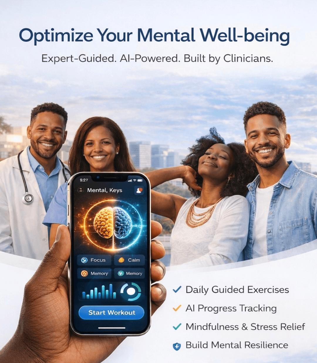 Group of four diverse smiling people outdoors with a smartphone displaying mental health app, blue sky background.